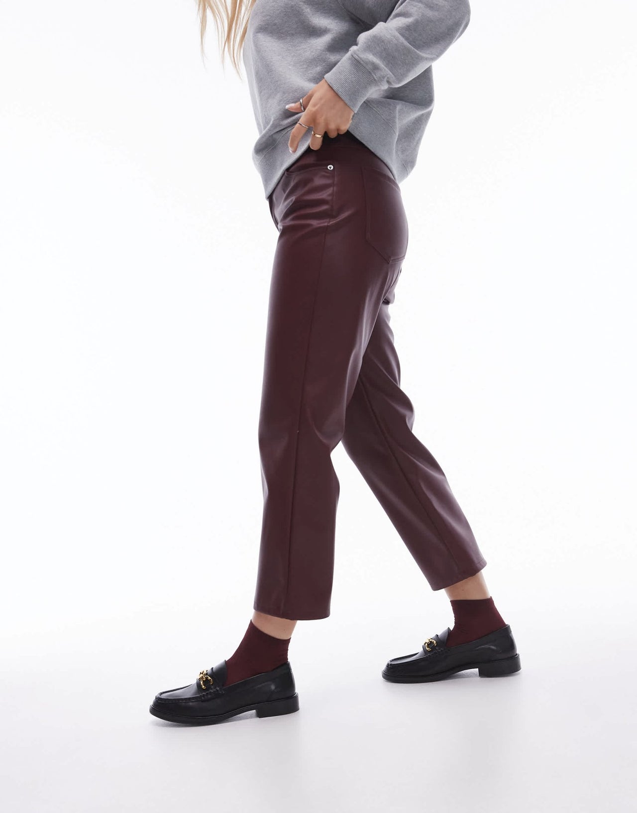 Topshop Hourglass ankle grazer straight leg faux leather trouser in burgundy - ASOS Sample Sale