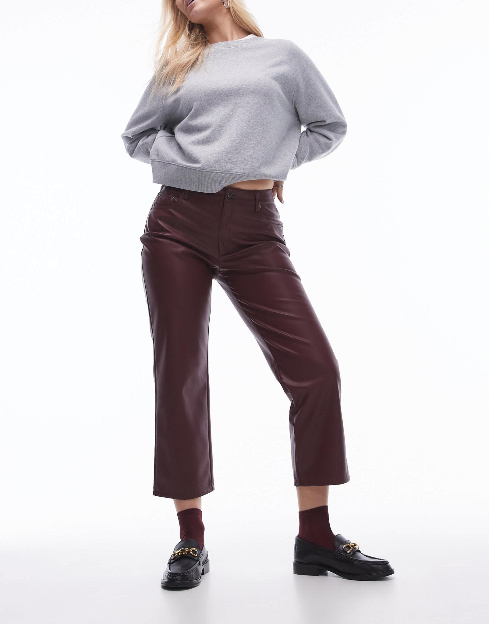Topshop Hourglass ankle grazer straight leg faux leather trouser in burgundy - ASOS Sample Sale