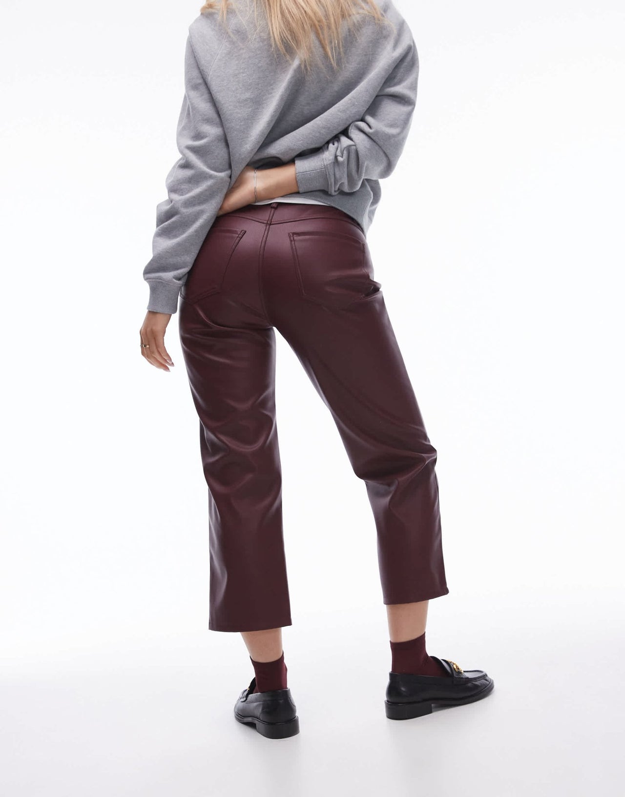 Topshop Hourglass ankle grazer straight leg faux leather trouser in burgundy - ASOS Sample Sale