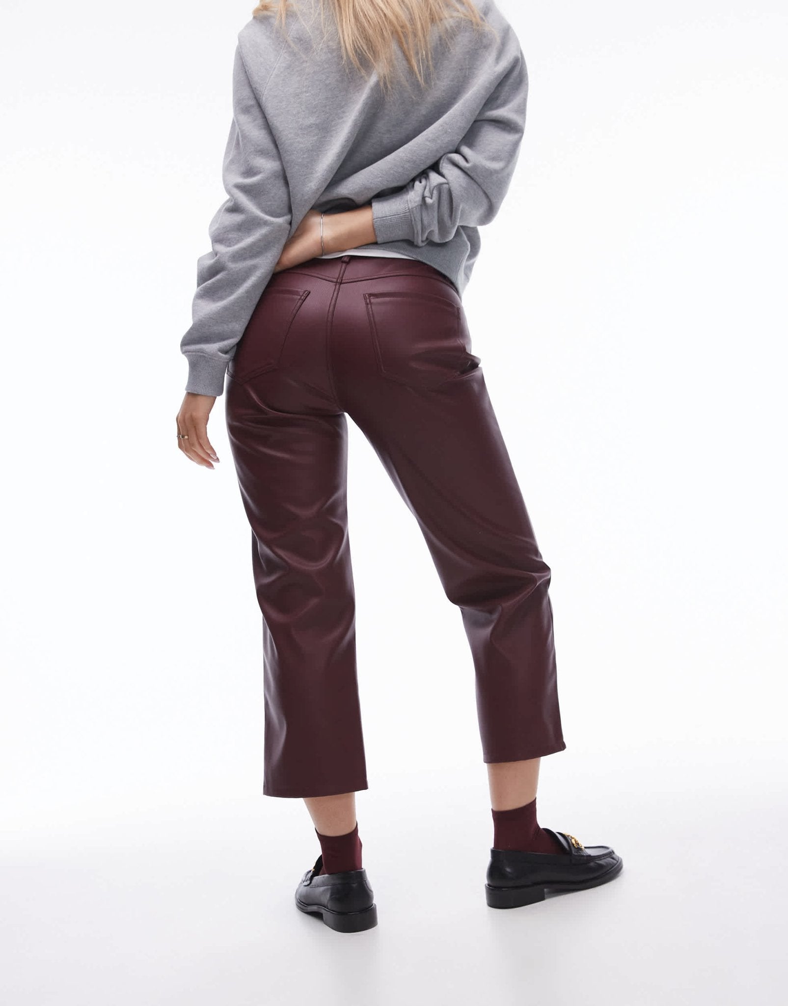 Topshop Hourglass ankle grazer straight leg faux leather trouser in burgundy - ASOS Sample Sale
