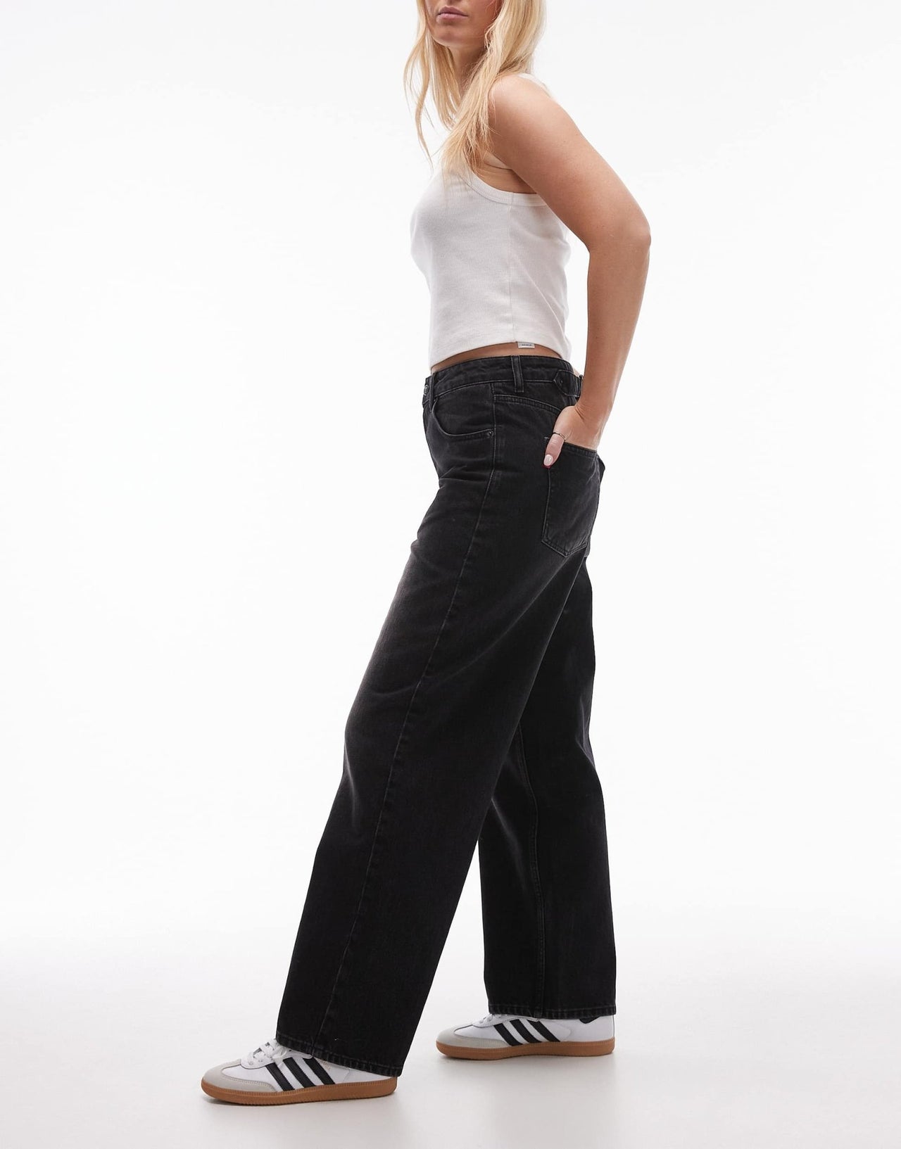 Topshop Hourglass Cinch low rise relaxed jean in deep black - ASOS Sample Sale