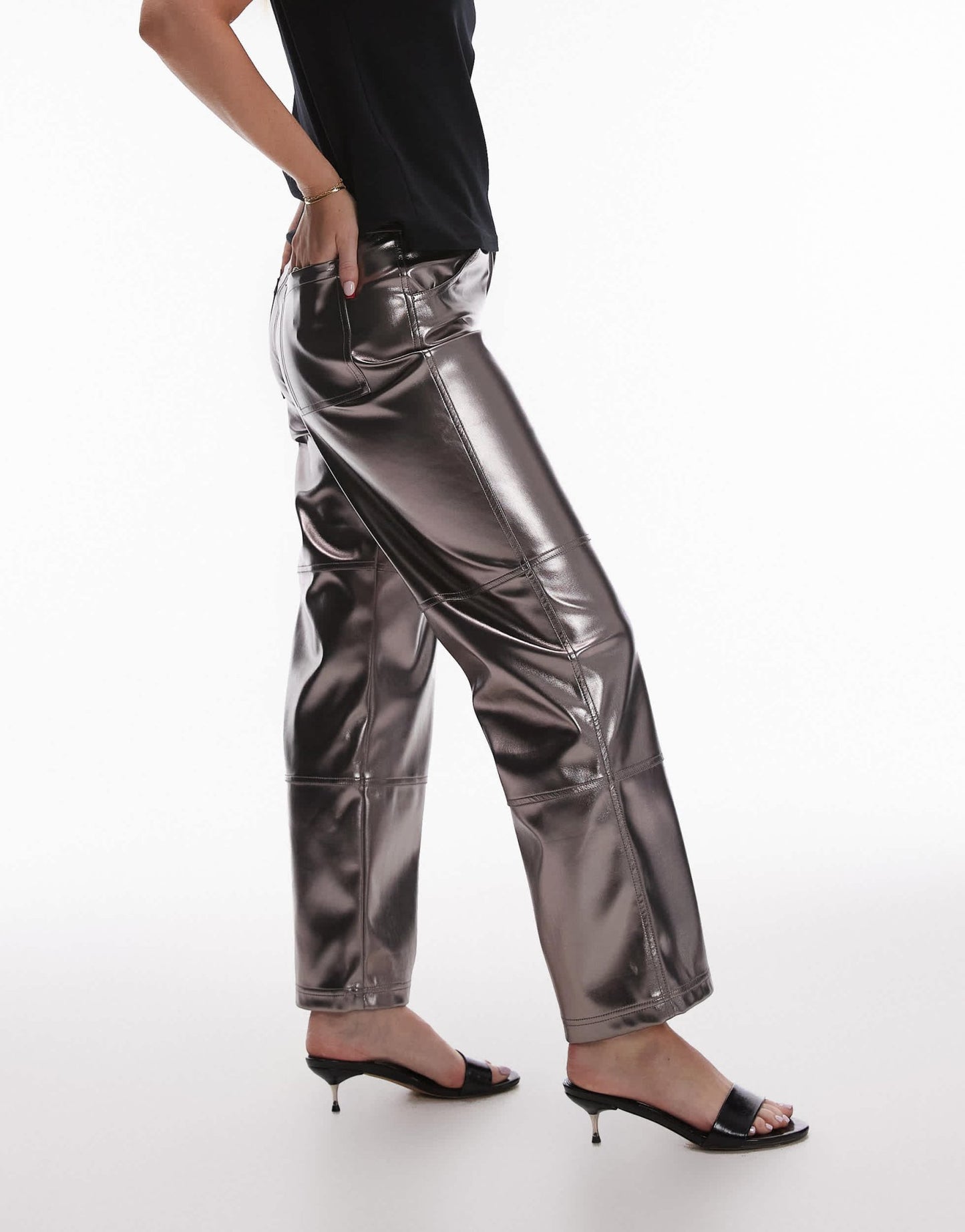 Topshop Hourglass straight leg metallic faux leather trouser in gunmetal - ASOS Sample Sale