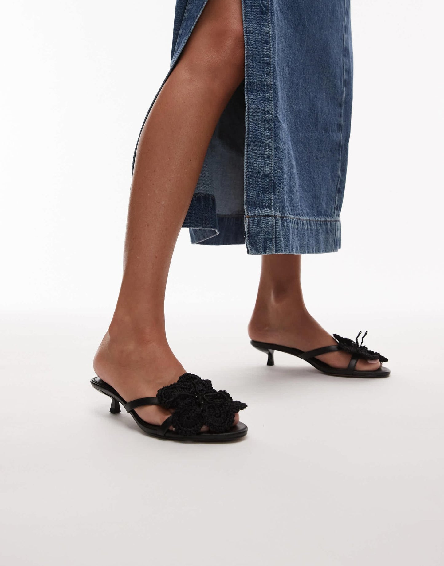 Topshop Ish kitten heeled sandal with knitted flower in black - ASOS Sample Sale