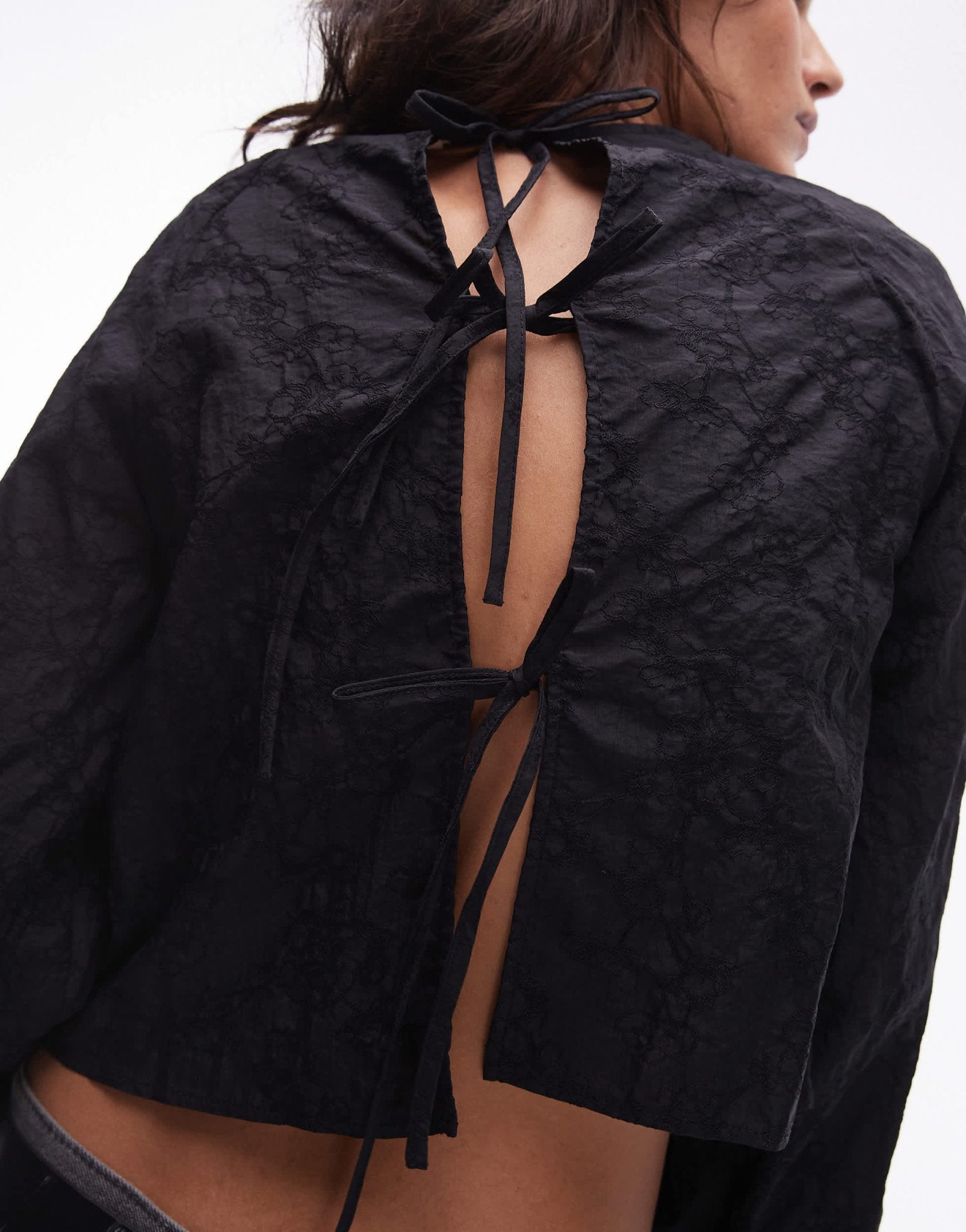 Topshop jacquard balloon sleeve top in black - ASOS Sample Sale