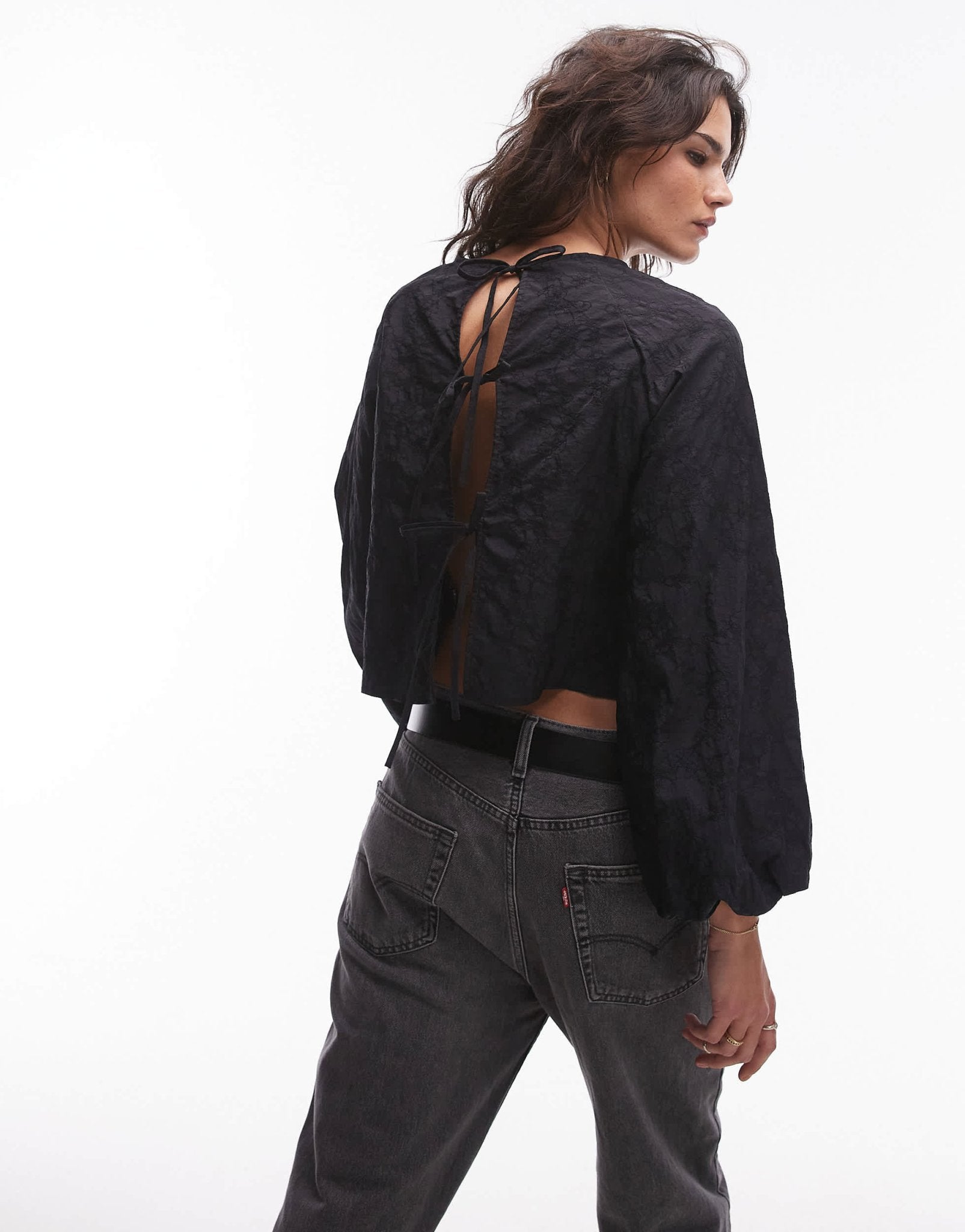 Topshop jacquard balloon sleeve top in black - ASOS Sample Sale