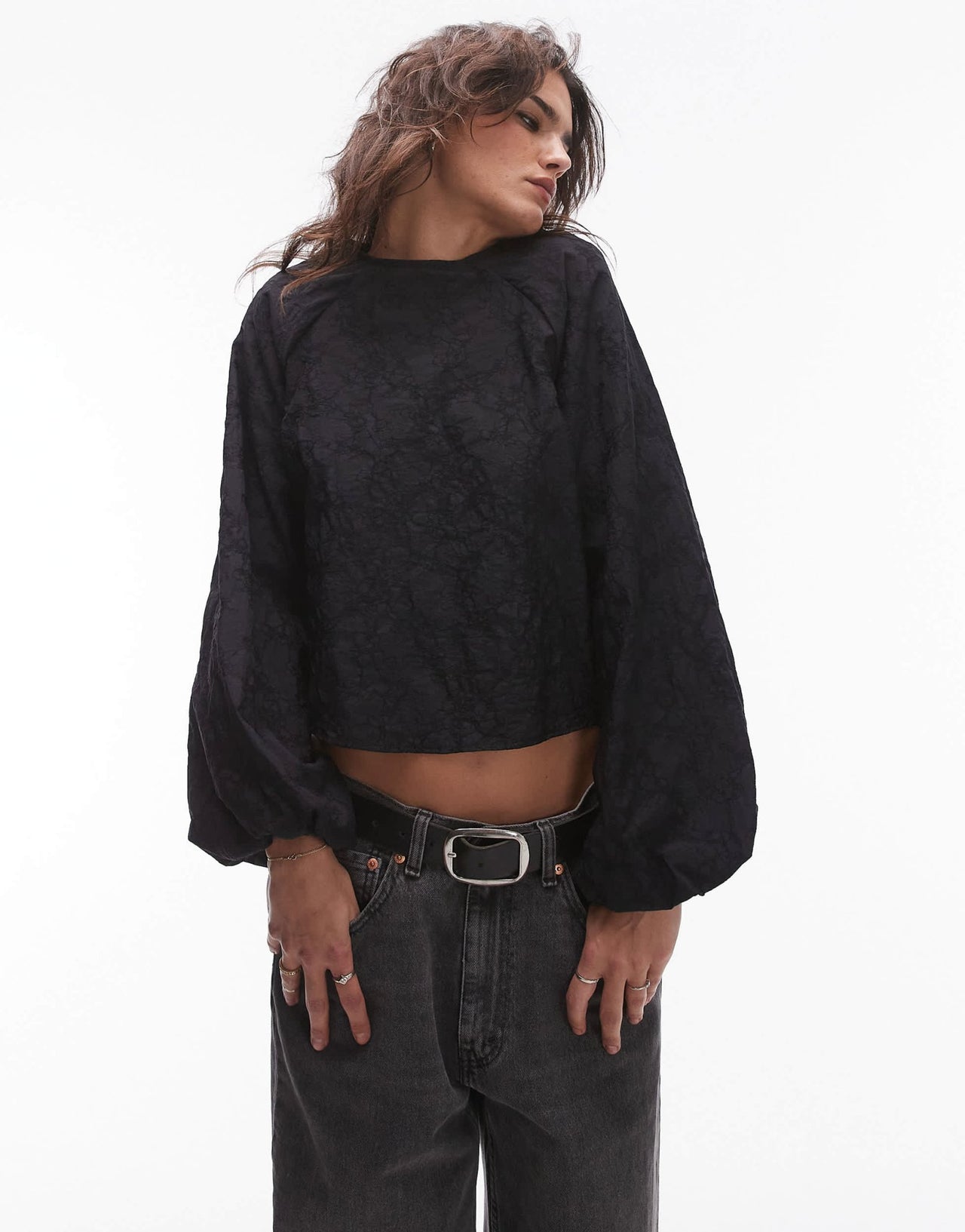 Topshop jacquard balloon sleeve top in black - ASOS Sample Sale