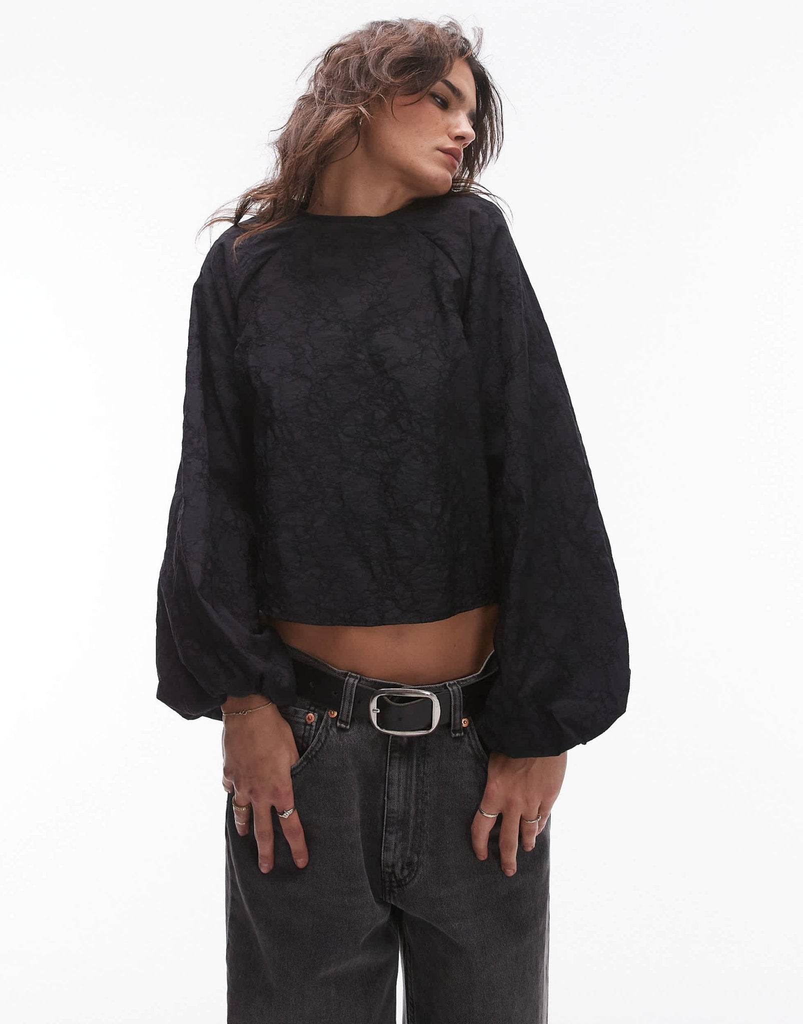 Topshop jacquard balloon sleeve top in black - ASOS Sample Sale