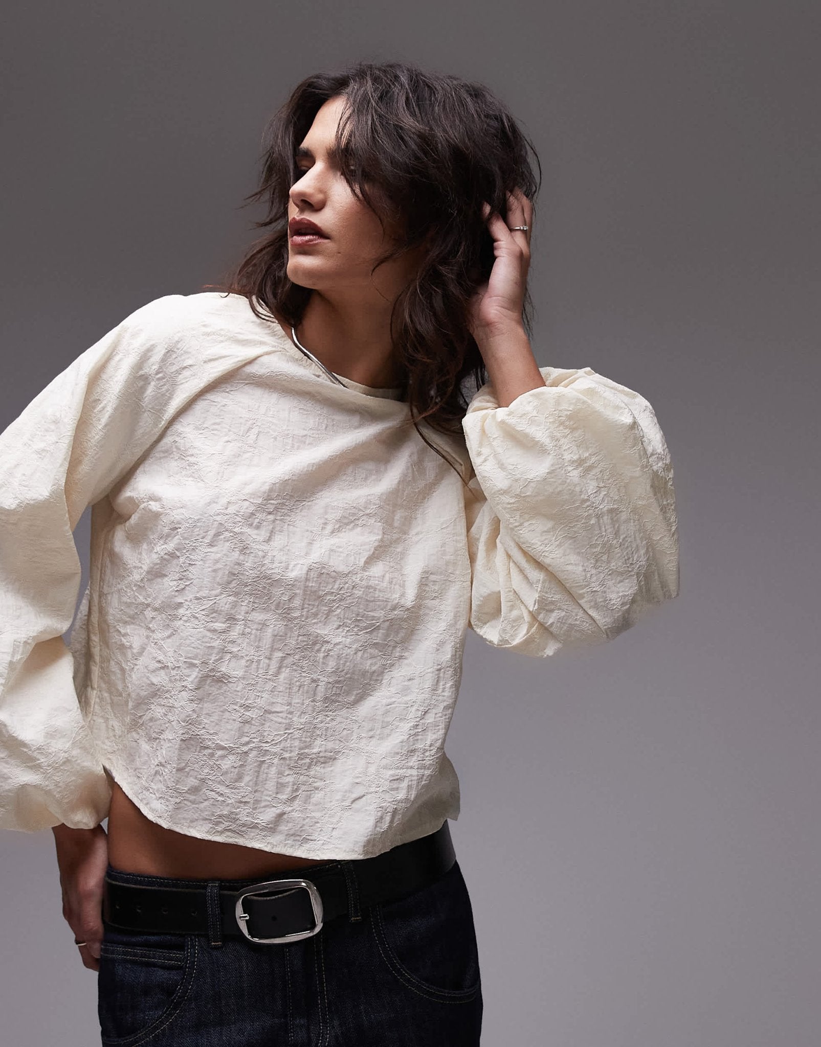Topshop jacquard balloon sleeve top in ivory - ASOS Sample Sale