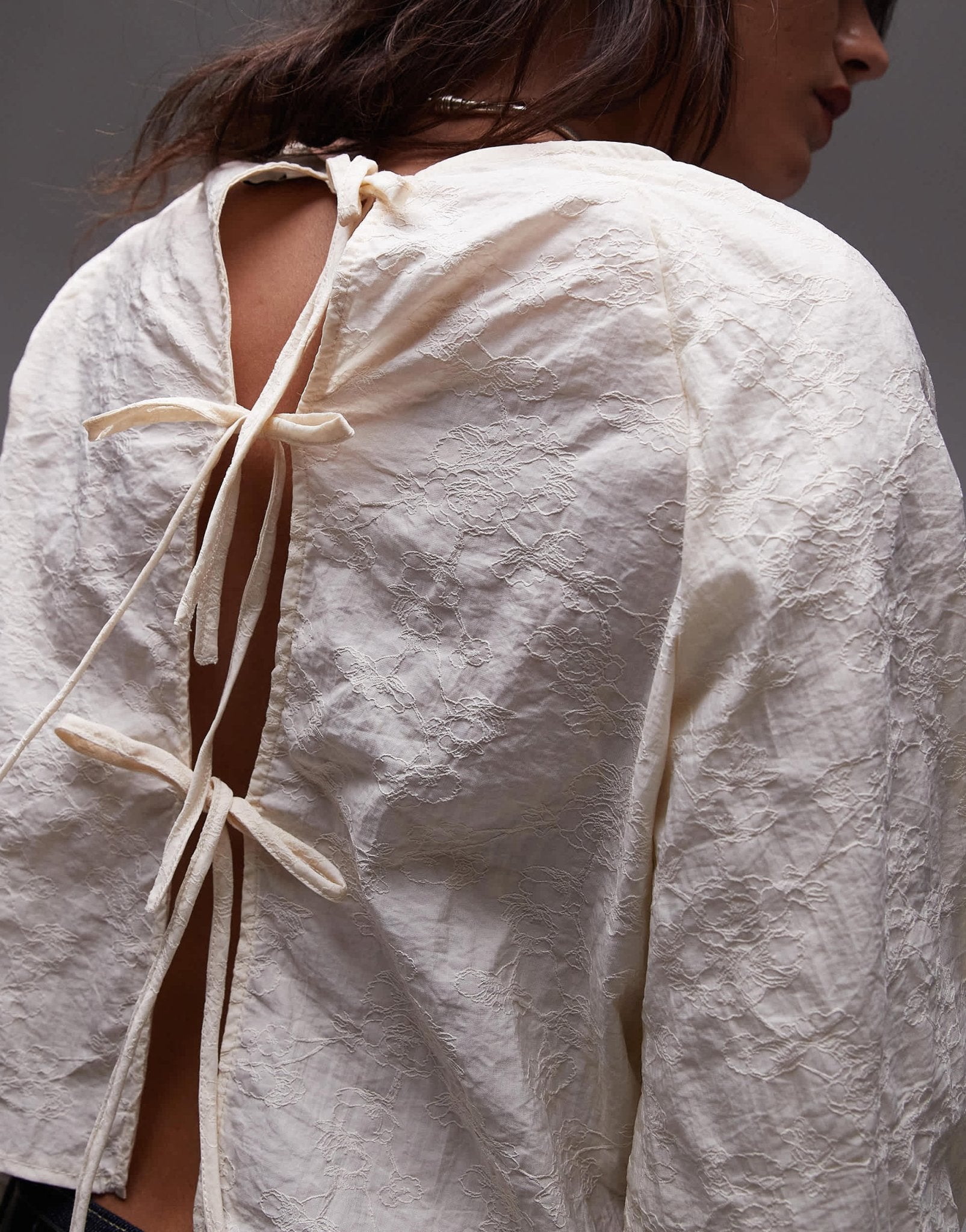 Topshop jacquard balloon sleeve top in ivory - ASOS Sample Sale
