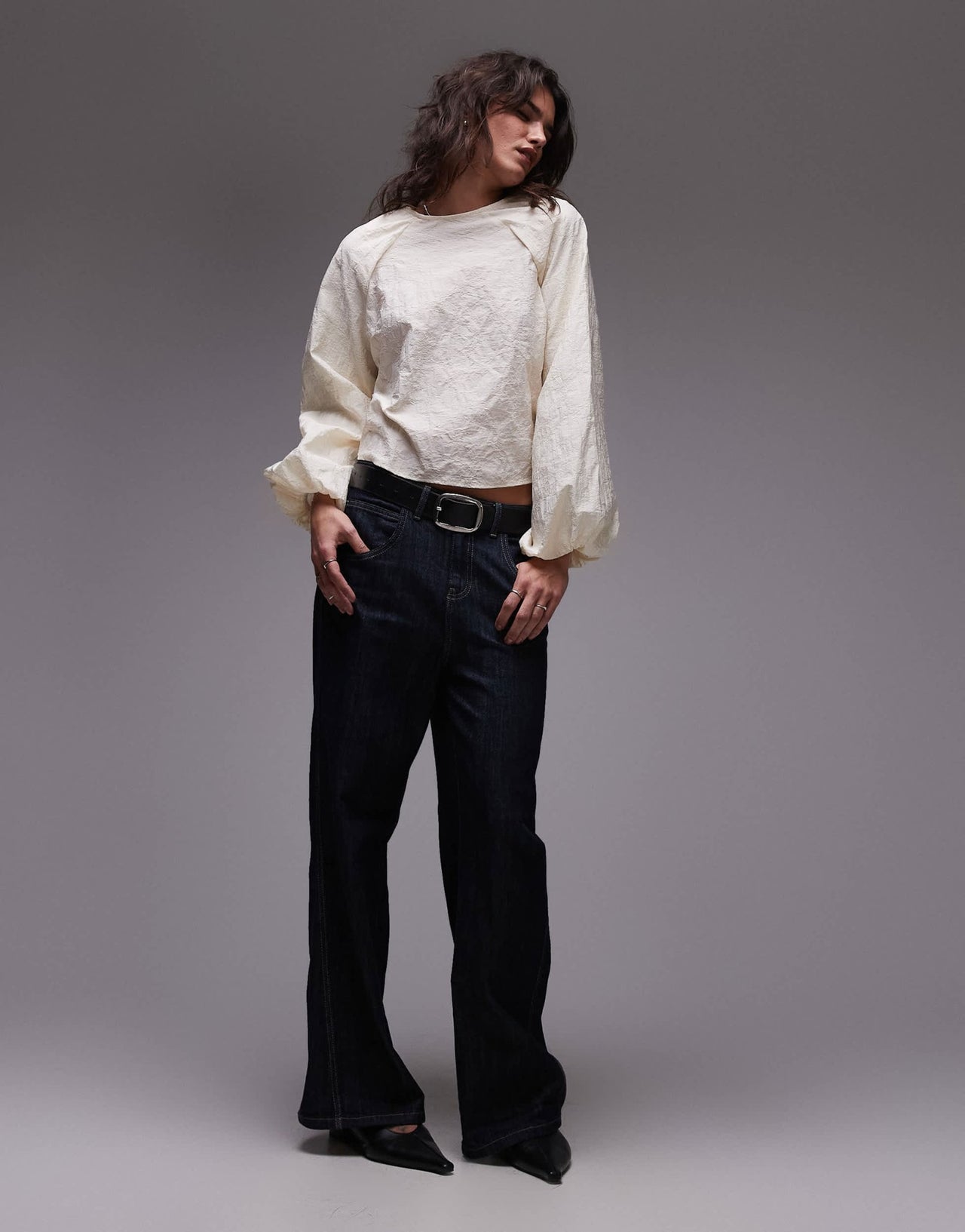 Topshop jacquard balloon sleeve top in ivory - ASOS Sample Sale