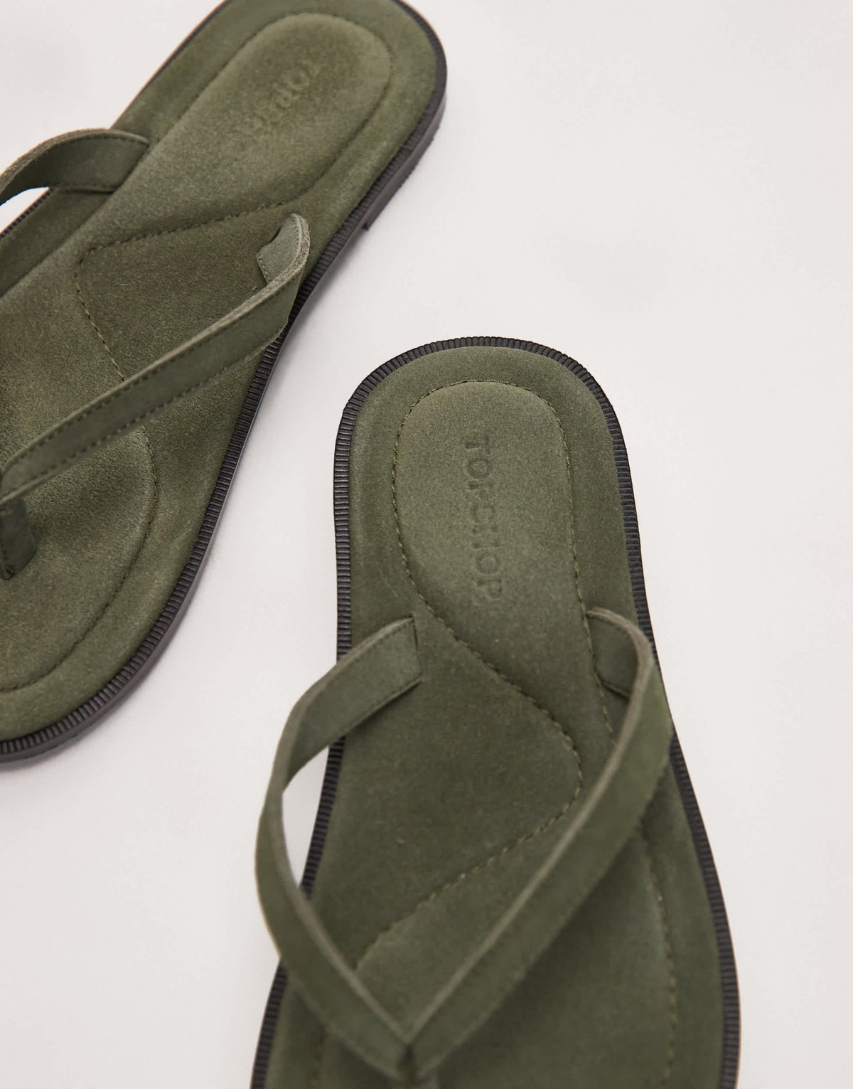 Topshop Jay real suede toe thong flat sandal in khaki - ASOS Sample Sale