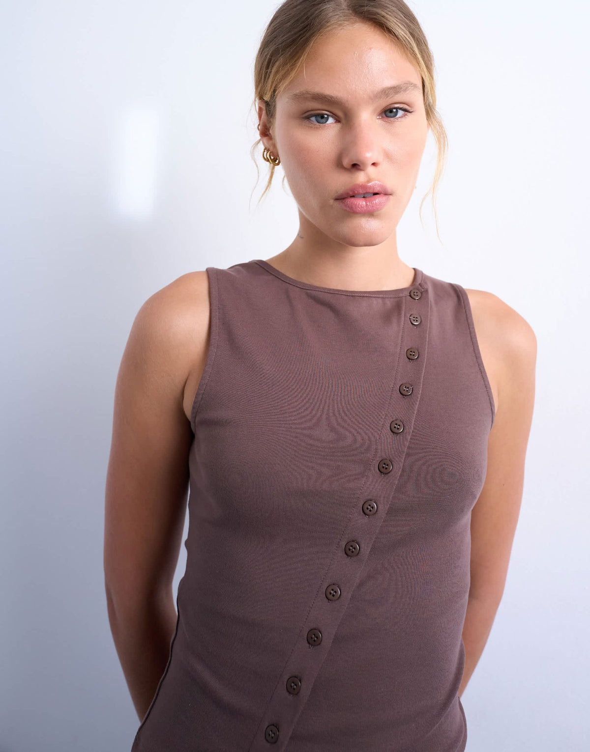 Topshop jersey asymmetric button through tank top in chocolate brown - ASOS Sample Sale