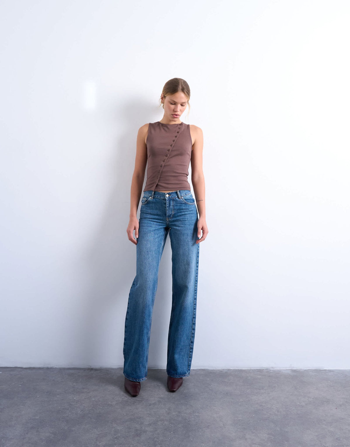 Topshop jersey asymmetric button through tank top in chocolate brown - ASOS Sample Sale