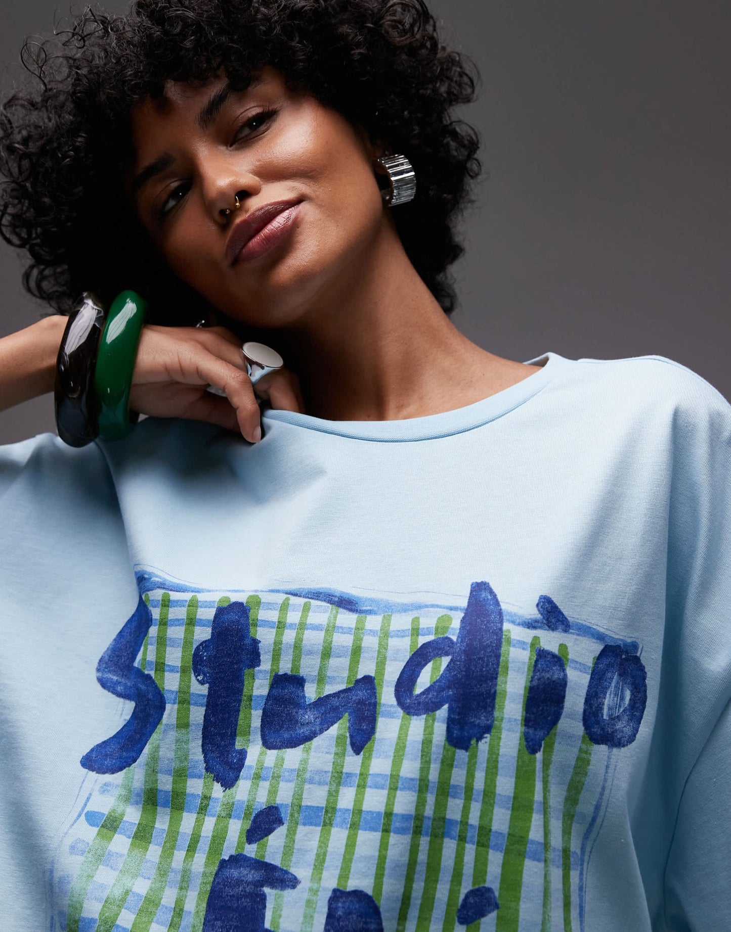 Topshop jersey graphic scarf print oversized top in light blue - ASOS Sample Sale