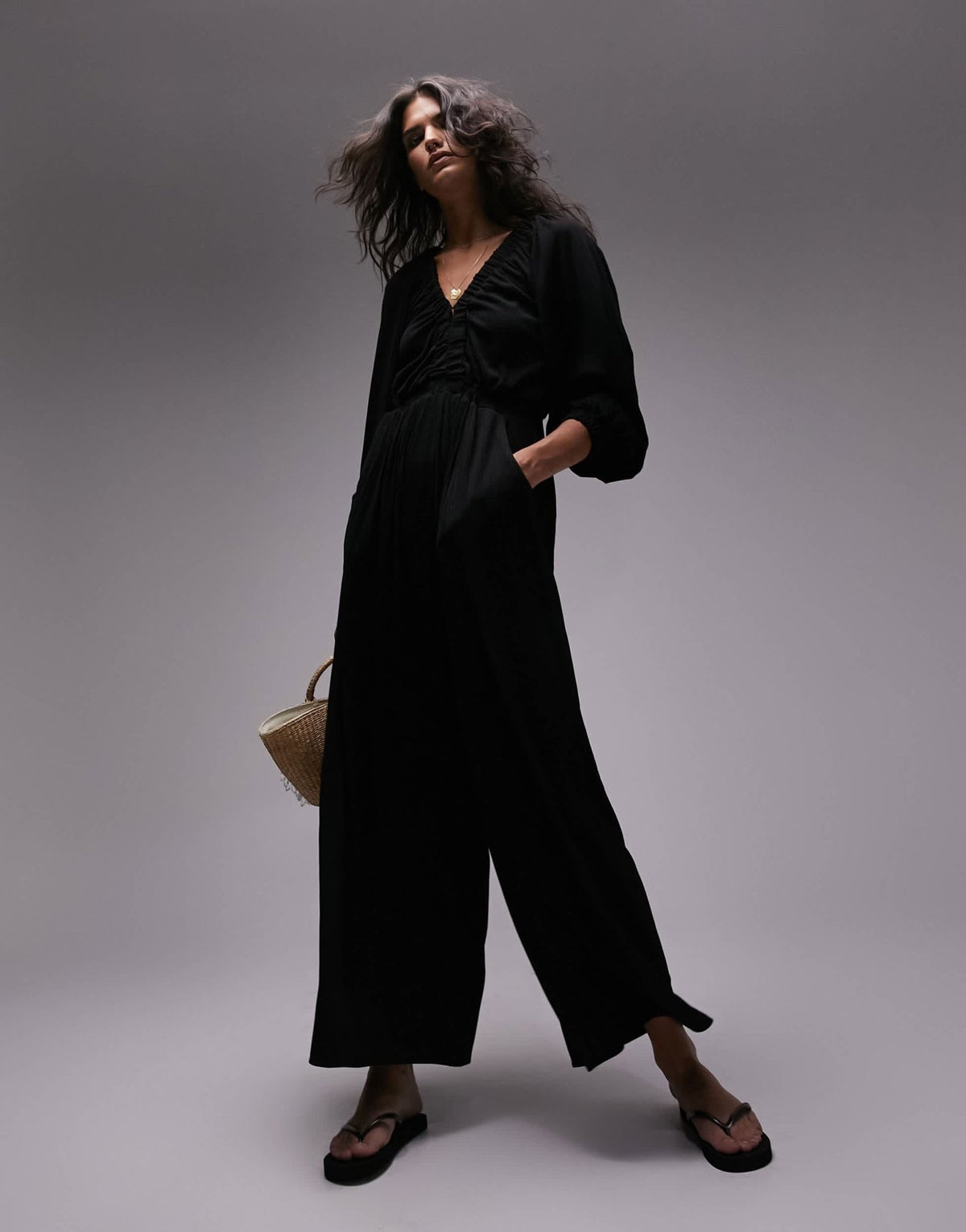 Topshop jersey long sleeve jumpsuit in black - ASOS Sample Sale