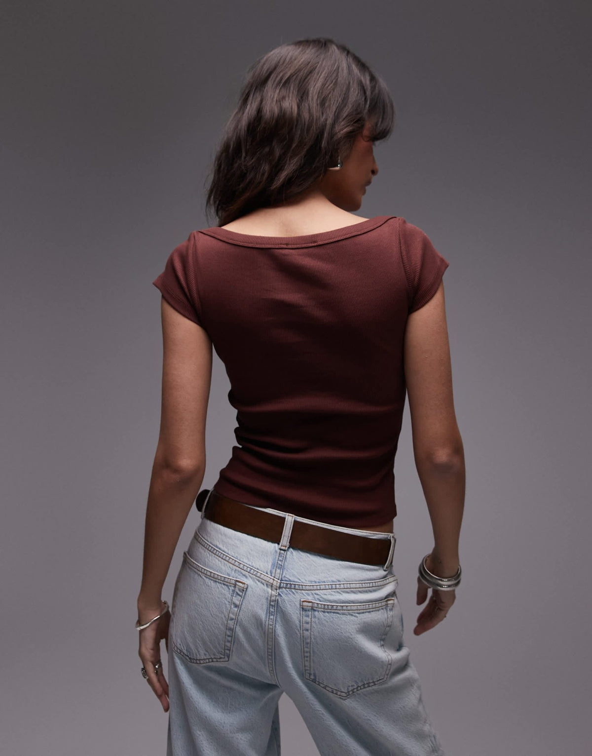 Topshop jersey slash neck cap sleeve top in burgundy - ASOS Sample Sale