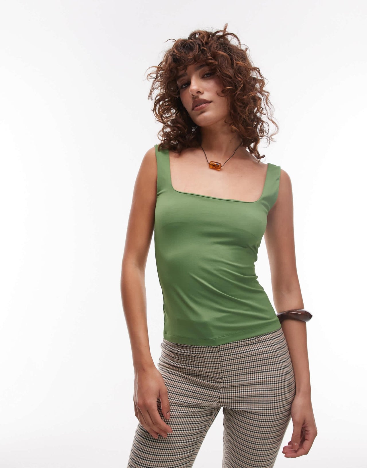 Topshop jersey slinky square neck cami in green - ASOS Sample Sale