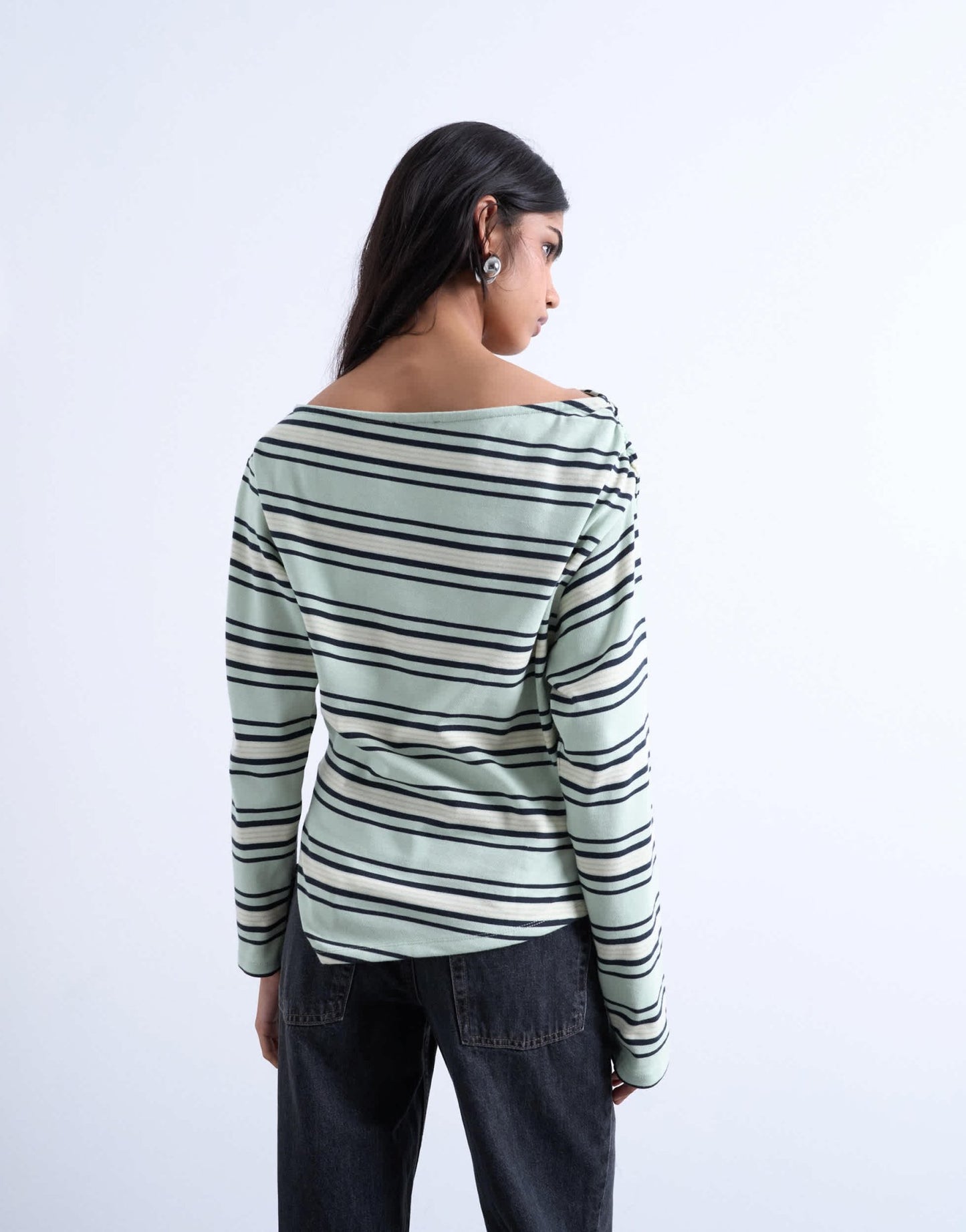 Topshop jersey stripe asymmetrical long sleeve top in green stripe - ASOS Sample Sale