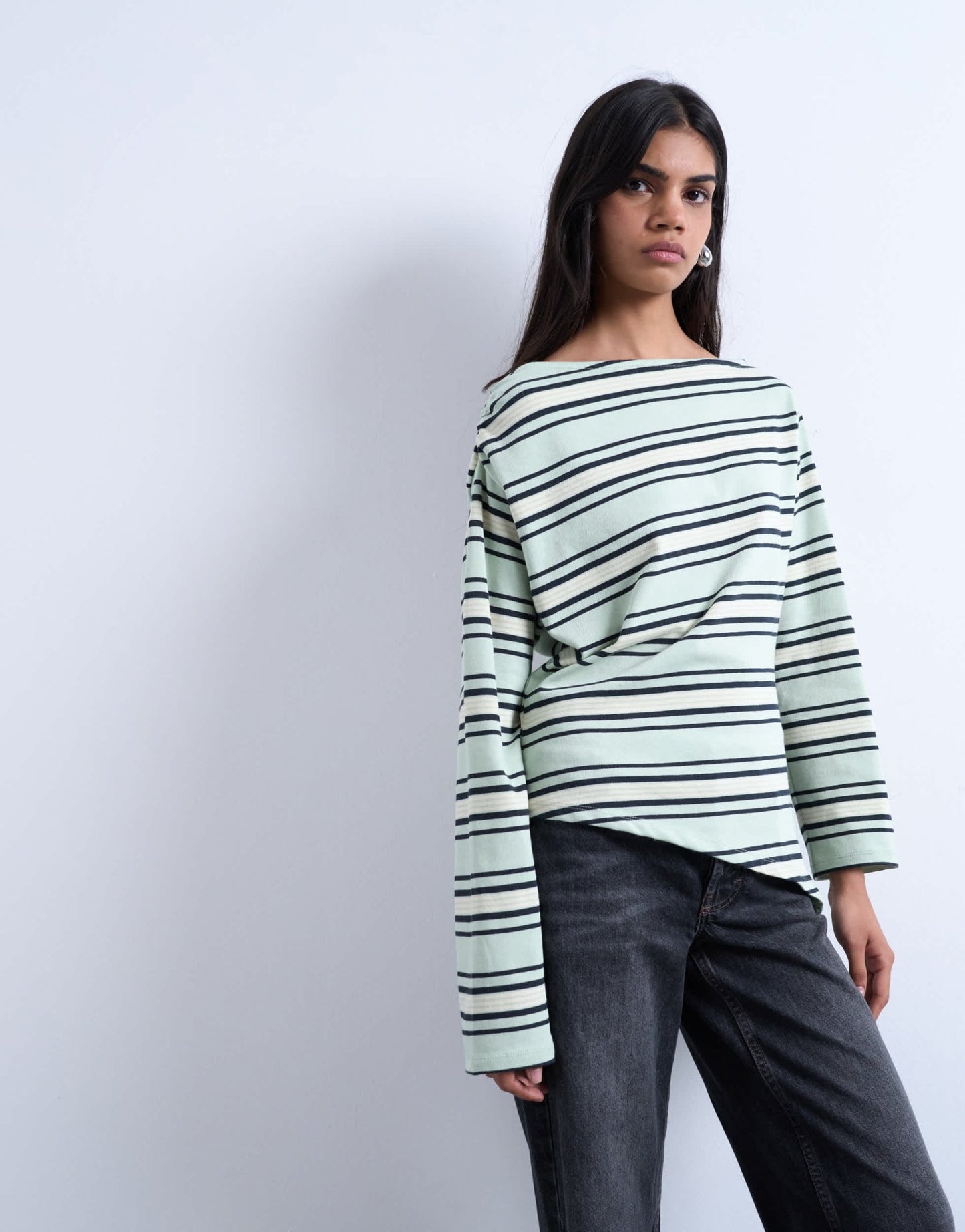 Topshop jersey stripe asymmetrical long sleeve top in green stripe - ASOS Sample Sale