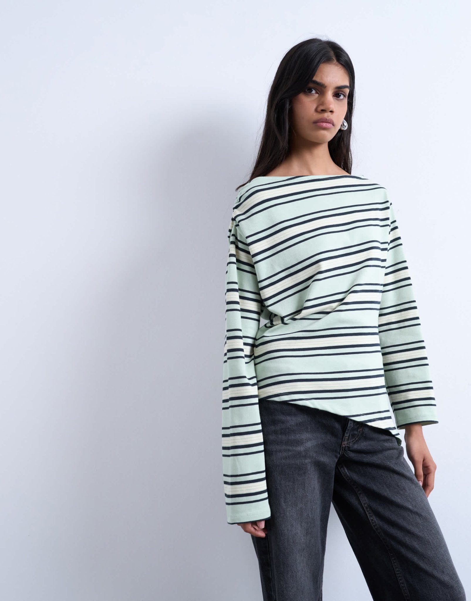 Topshop jersey stripe asymmetrical long sleeve top in green stripe - ASOS Sample Sale