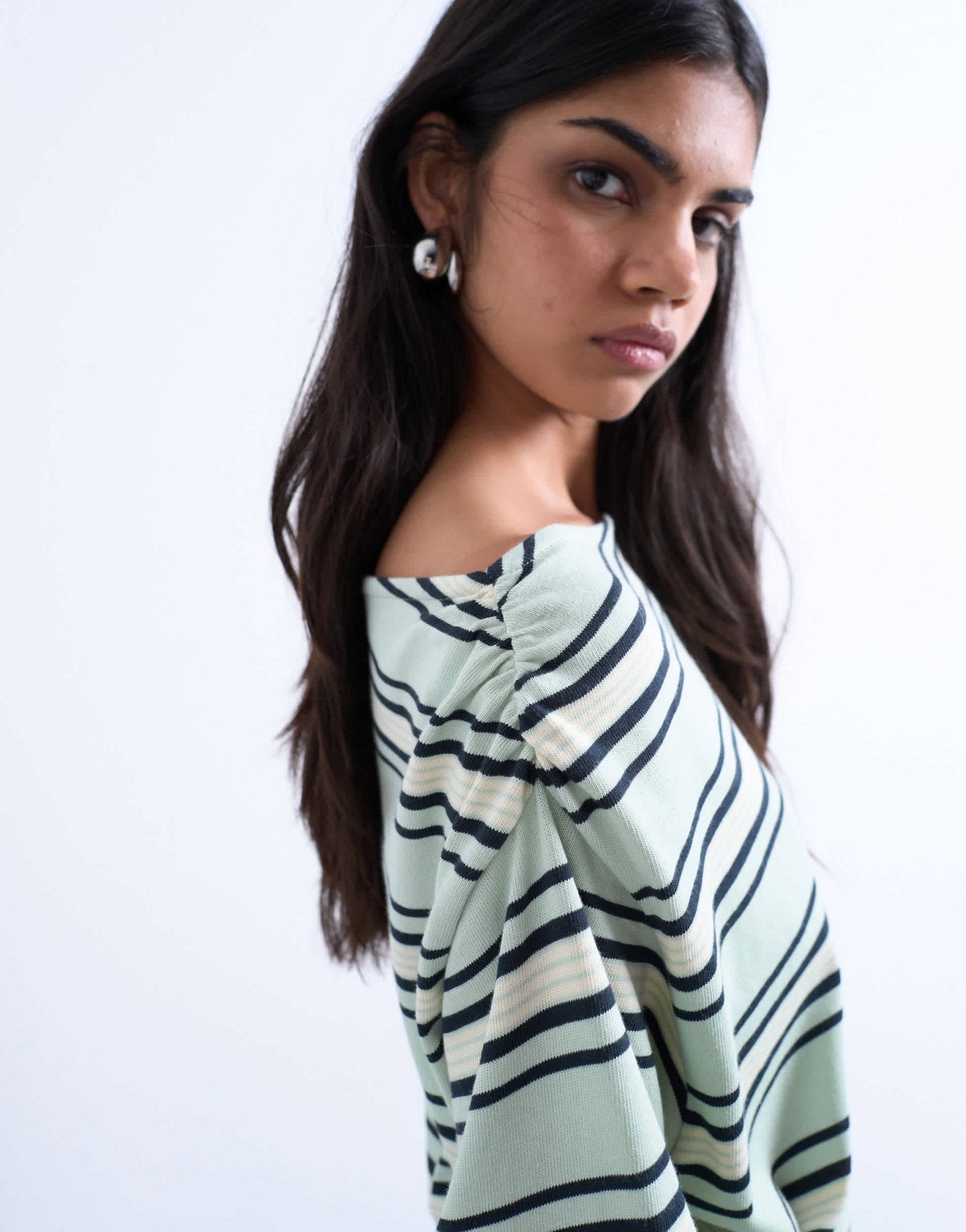 Topshop jersey stripe asymmetrical long sleeve top in green stripe - ASOS Sample Sale