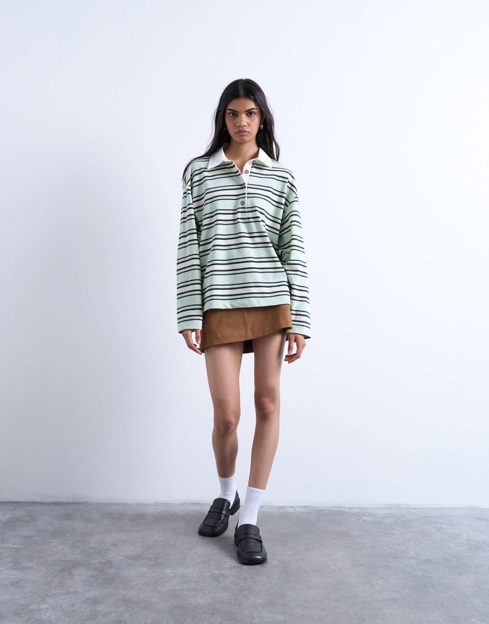 Topshop jersey stripe rugby long sleeve polo in pistachio - ASOS Sample Sale