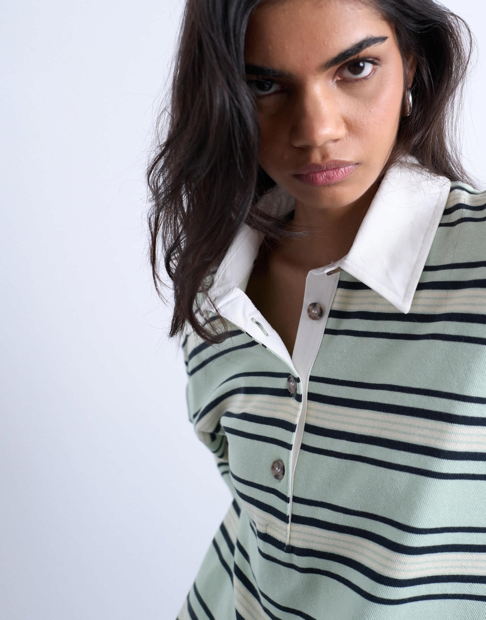 Topshop jersey stripe rugby long sleeve polo in pistachio - ASOS Sample Sale