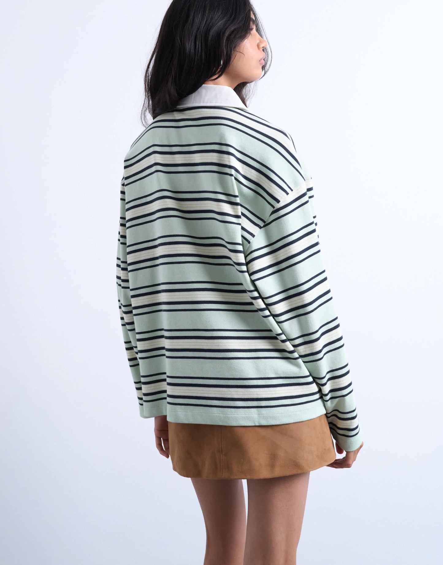 Topshop jersey stripe rugby long sleeve polo in pistachio - ASOS Sample Sale