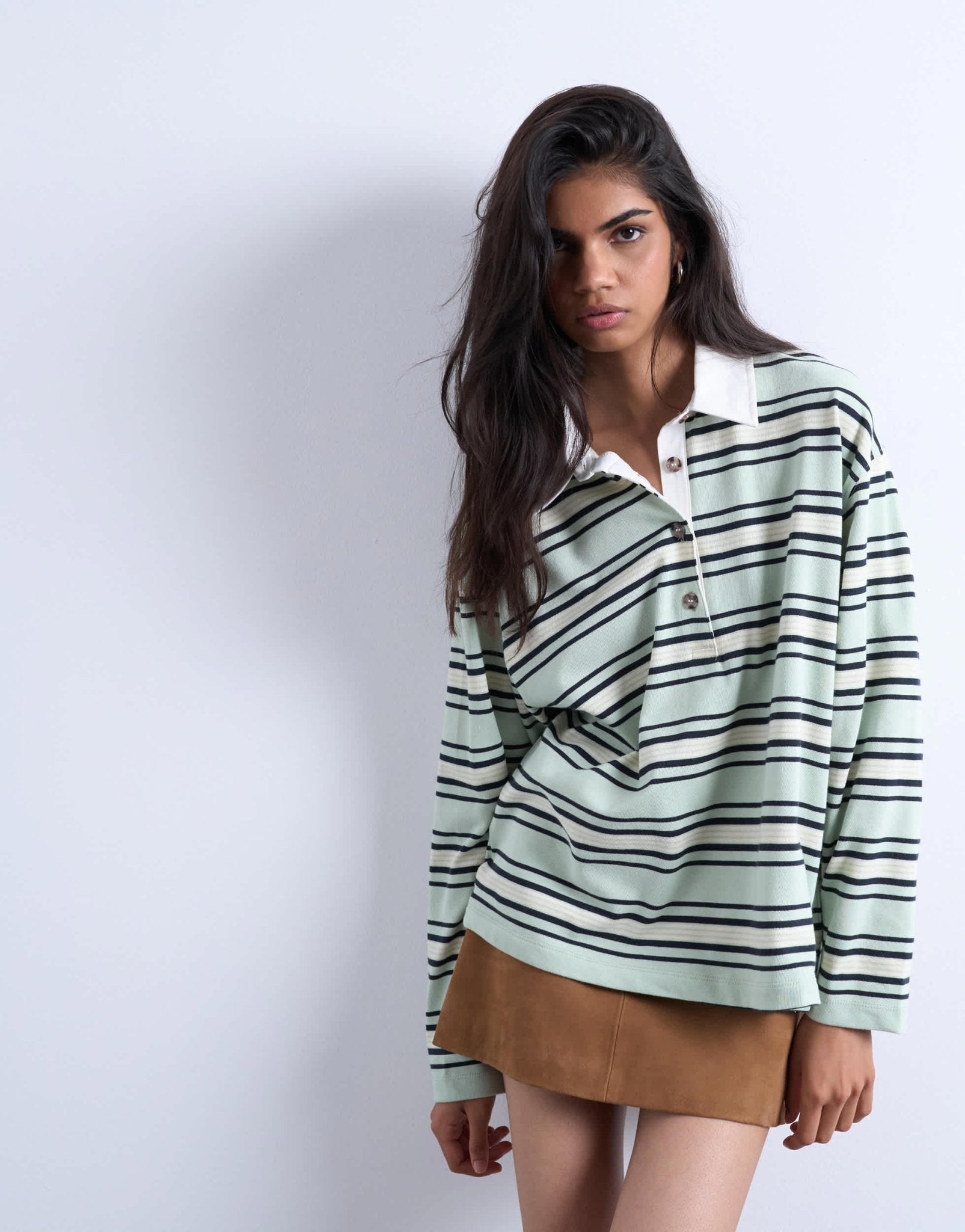 Topshop jersey stripe rugby long sleeve polo in pistachio - ASOS Sample Sale