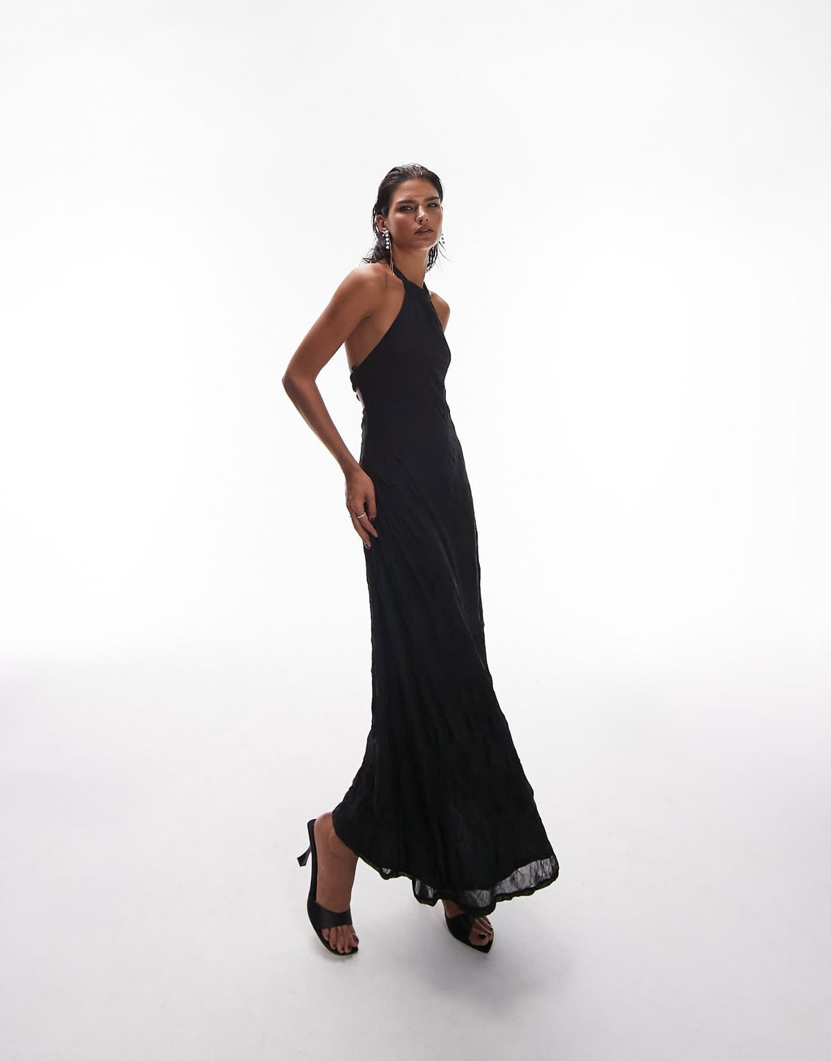 Topshop jersey textured mesh halter maxi dress in black - ASOS Sample Sale
