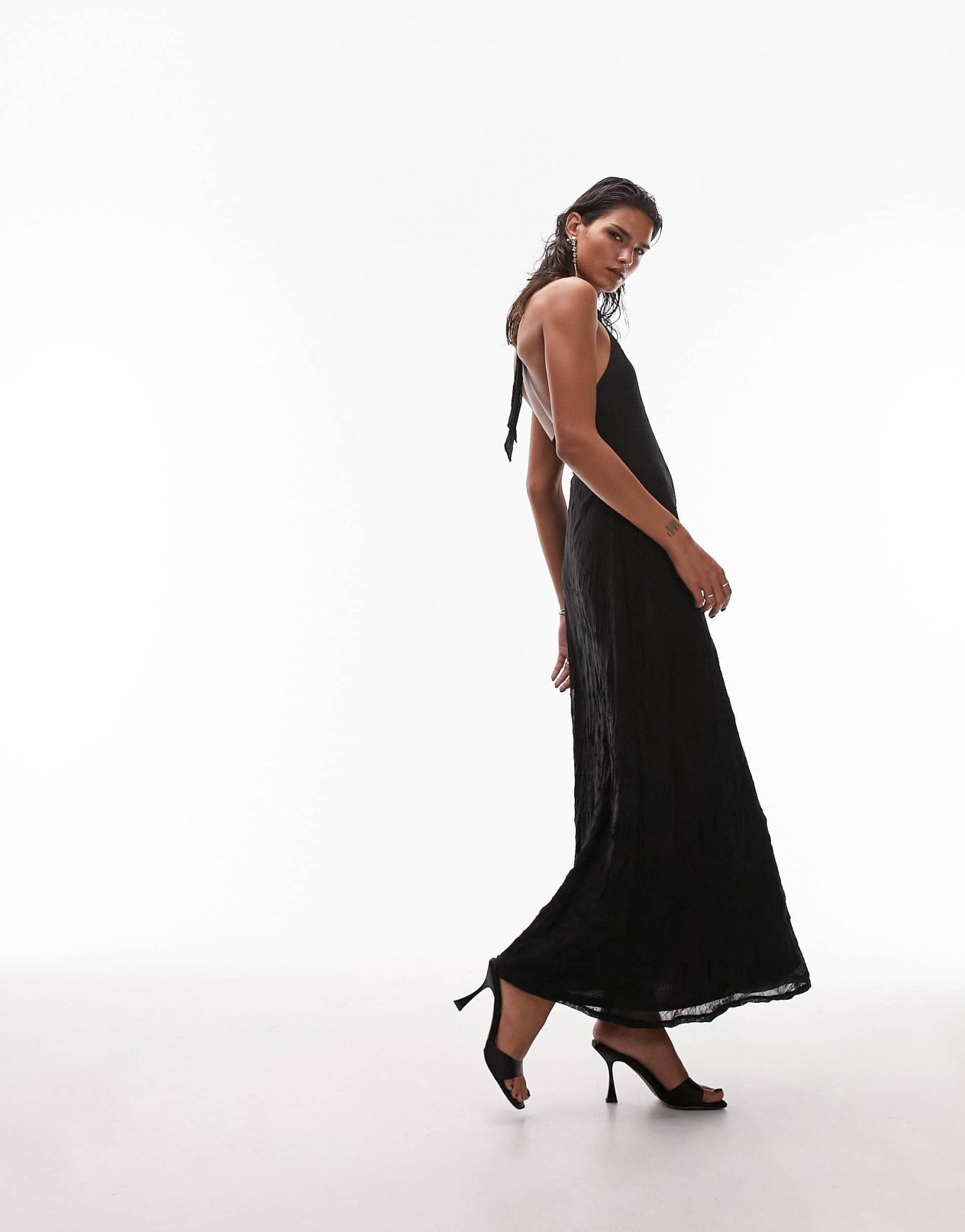 Topshop jersey textured mesh halter maxi dress in black - ASOS Sample Sale