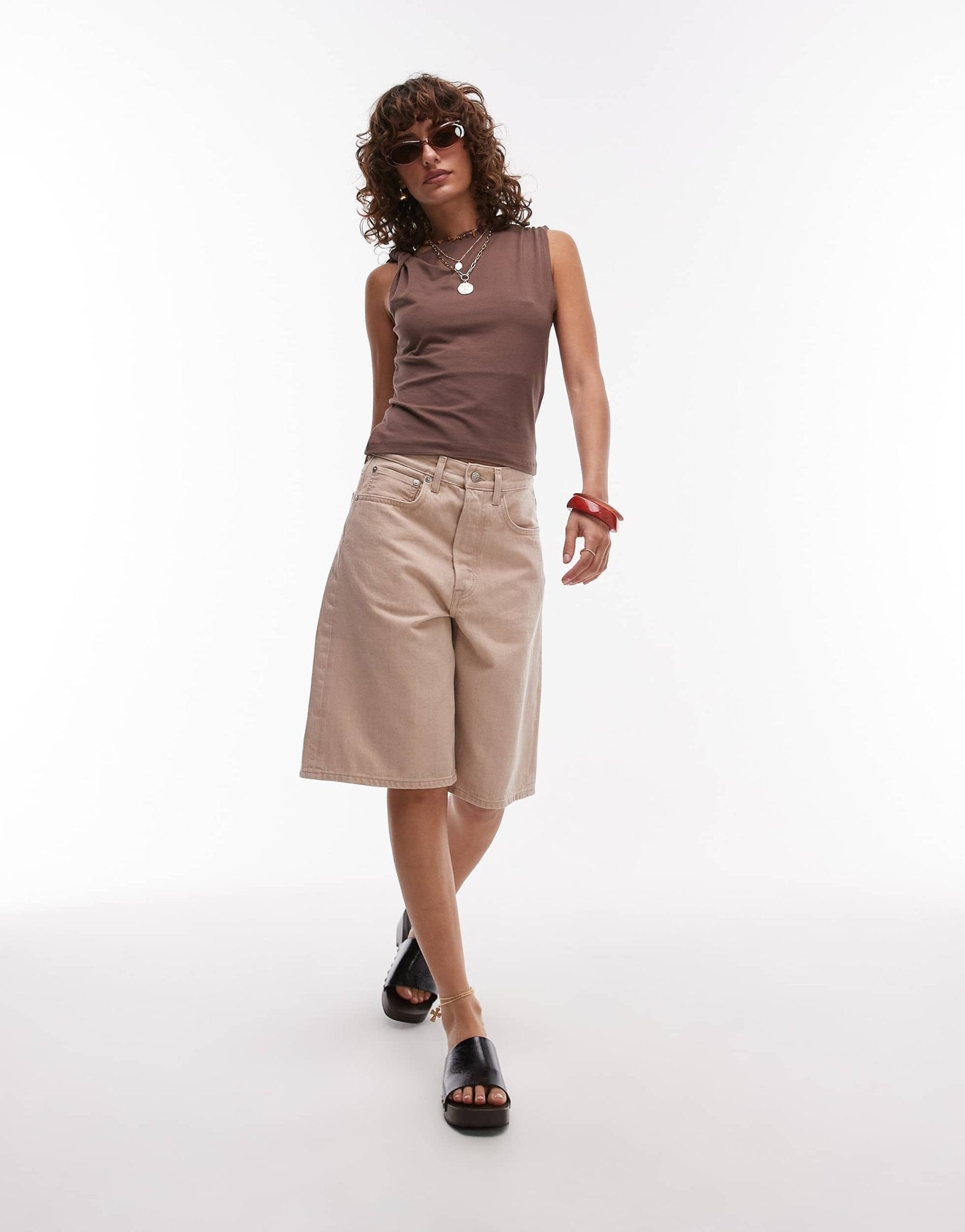 Topshop jersey twist strap slinky top in brown - ASOS Sample Sale