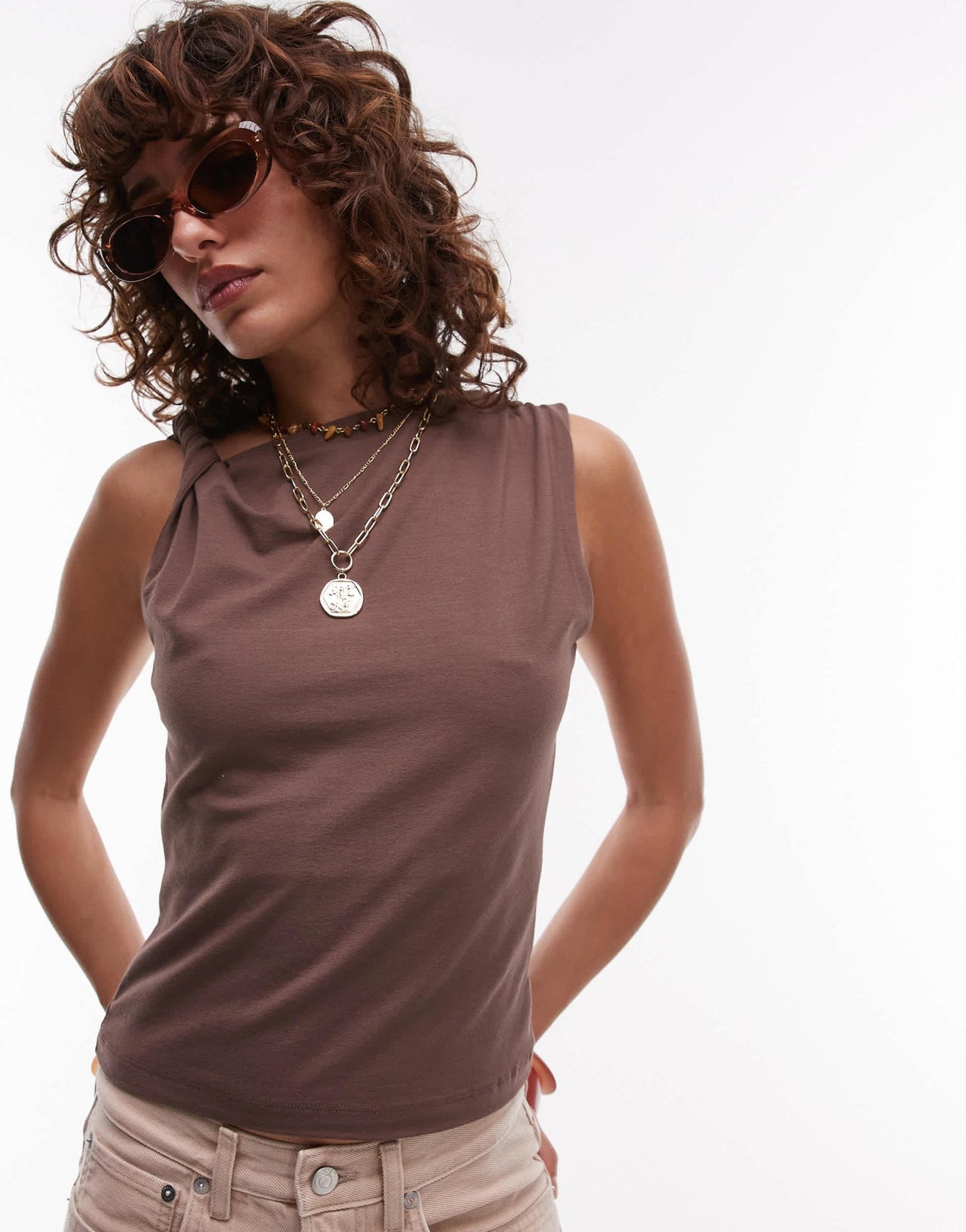 Topshop jersey twist strap slinky top in brown - ASOS Sample Sale