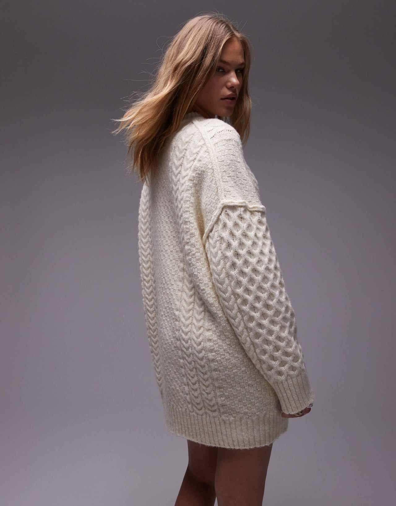 Topshop knitted all over cable oversized mini dress in ivory - ASOS Sample Sale