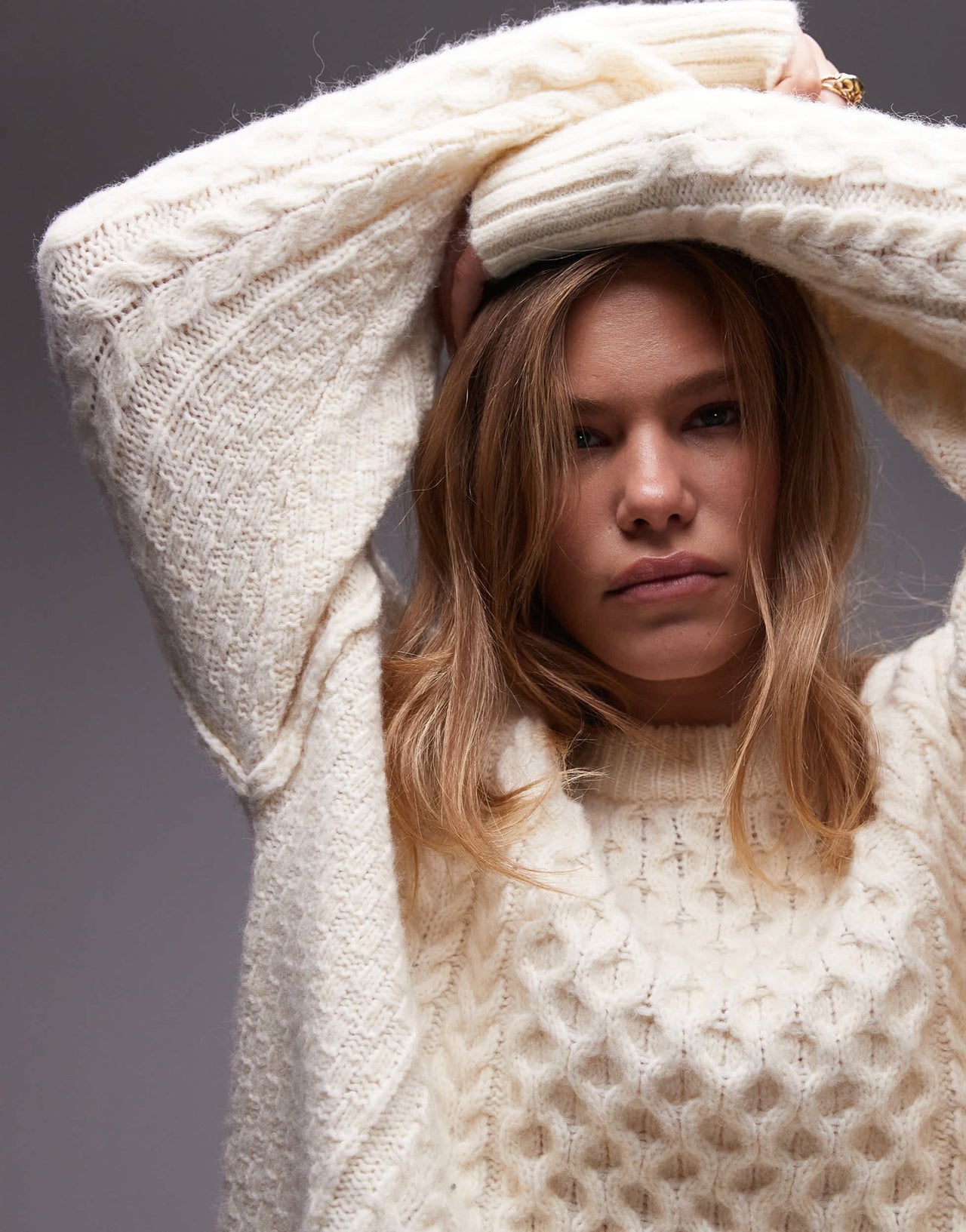 Topshop knitted all over cable oversized mini dress in ivory - ASOS Sample Sale