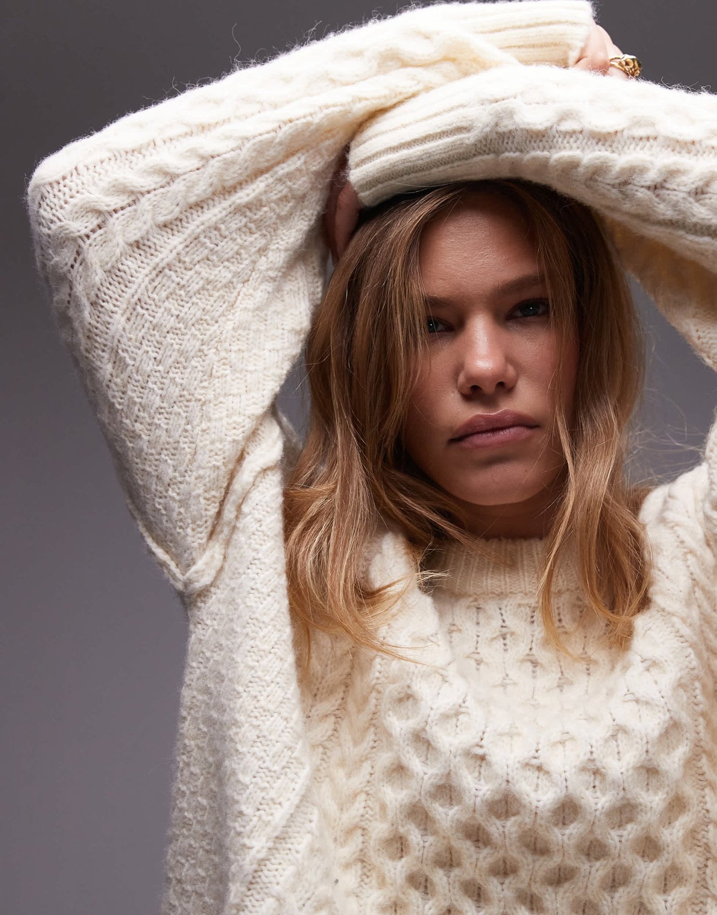 Topshop knitted all over cable oversized mini dress in ivory - ASOS Sample Sale