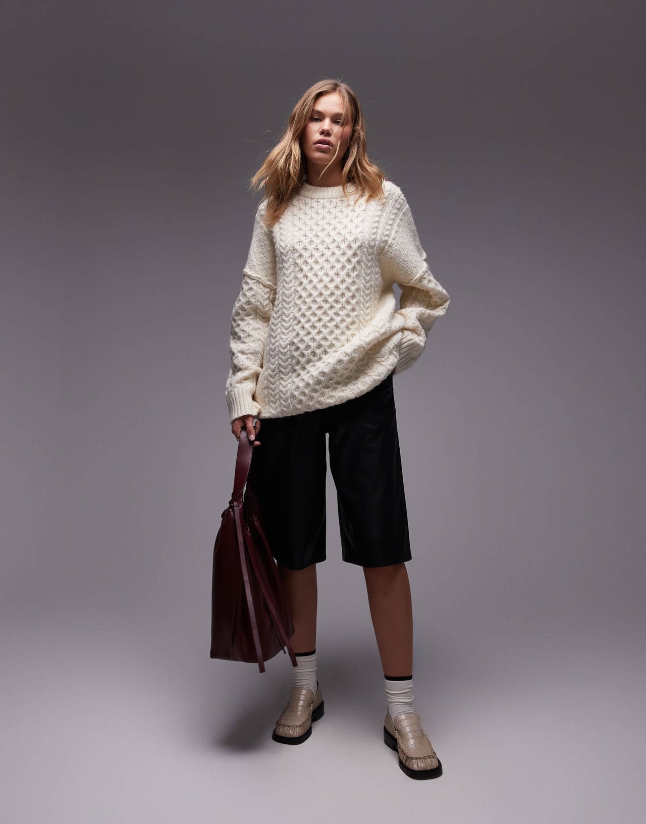 Topshop knitted all over cable oversized mini dress in ivory - ASOS Sample Sale