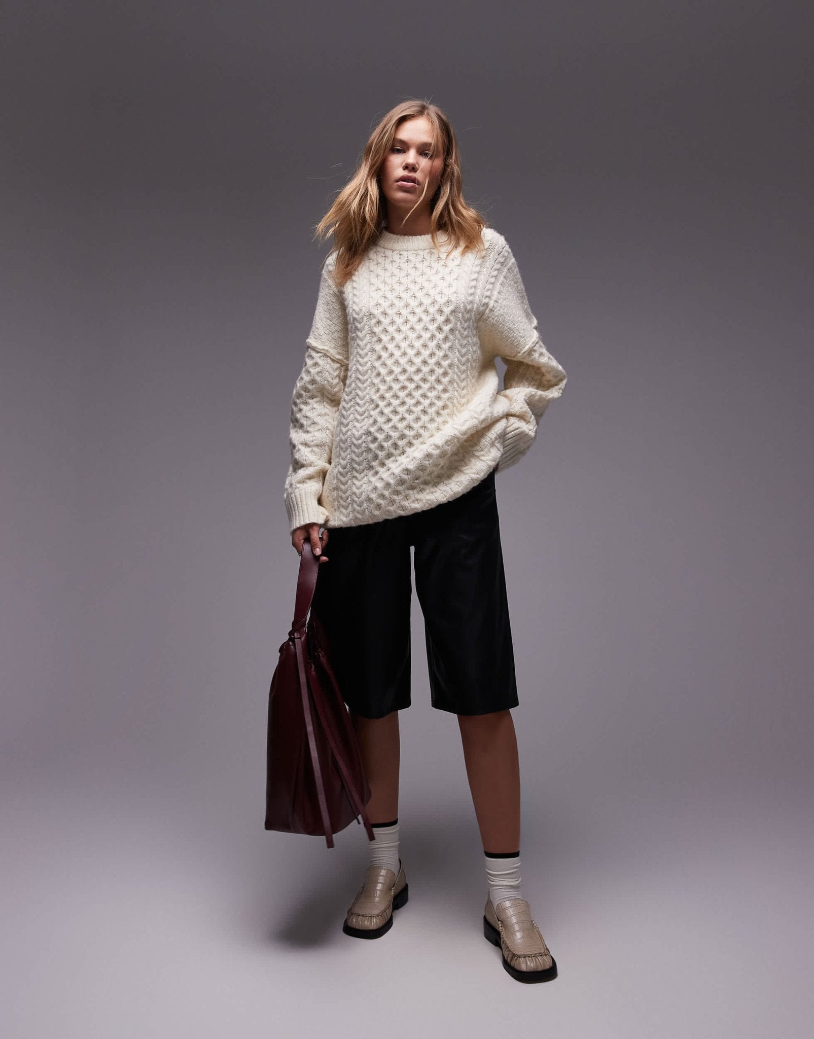 Topshop knitted all over cable oversized mini dress in ivory - ASOS Sample Sale