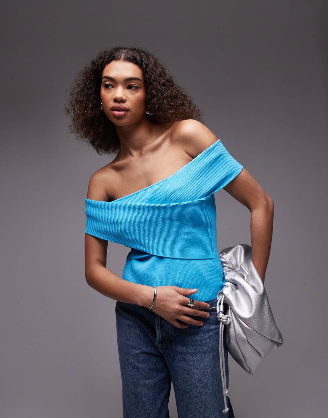Topshop knitted bardot jumper in cobalt blue - ASOS Sample Sale