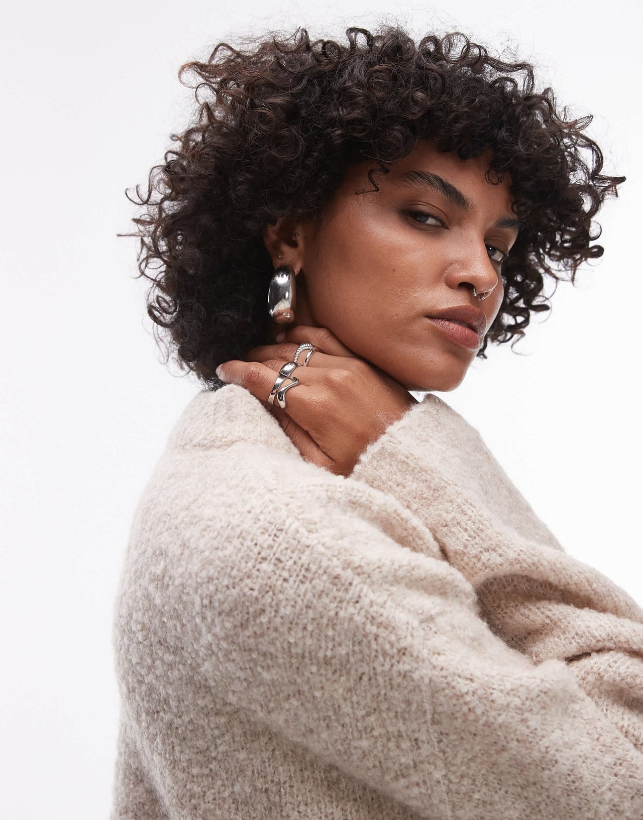 Topshop knitted boucle crew jumper in stone - ASOS Sample Sale