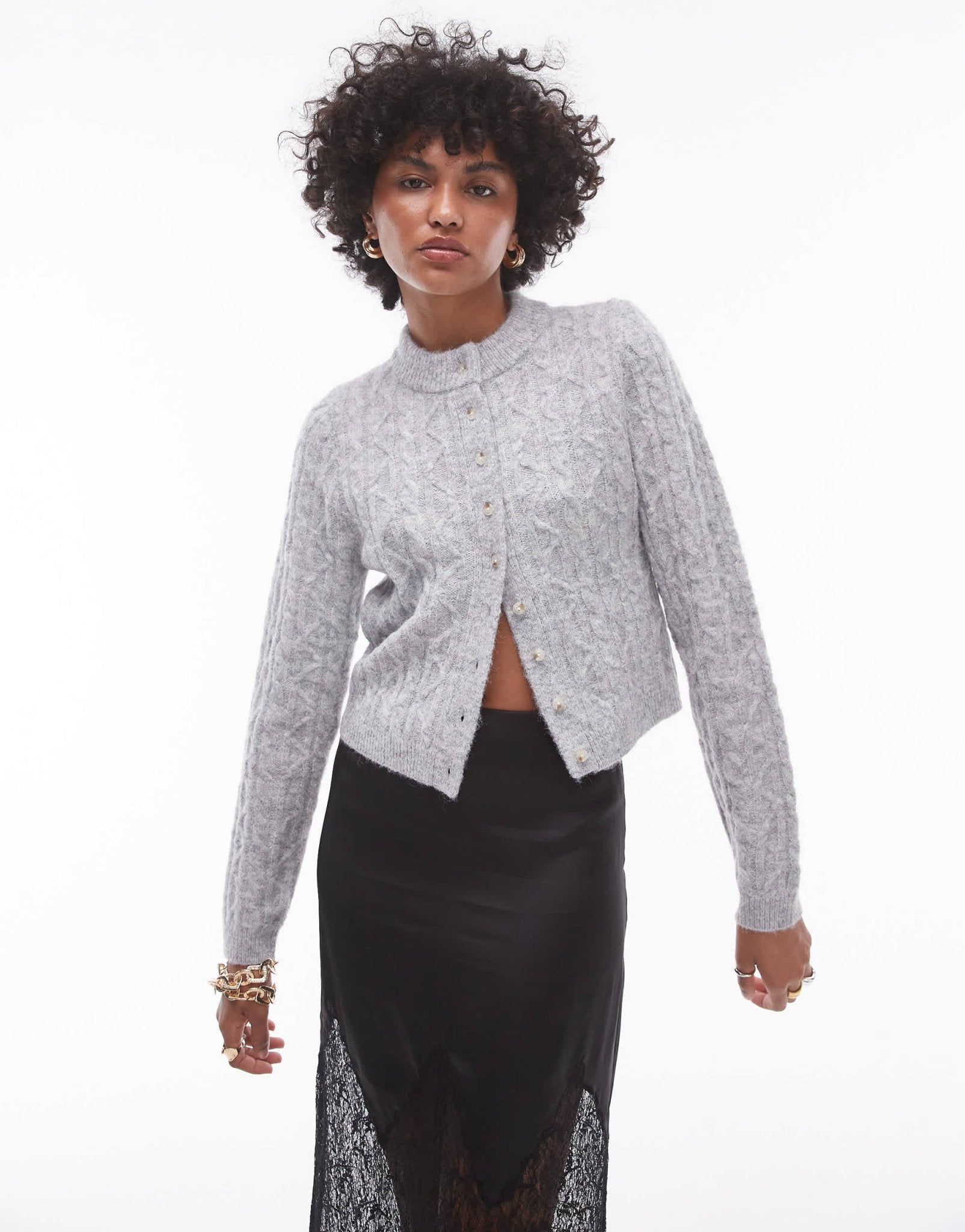 Topshop knitted cable micro cardi in grey - ASOS Sample Sale