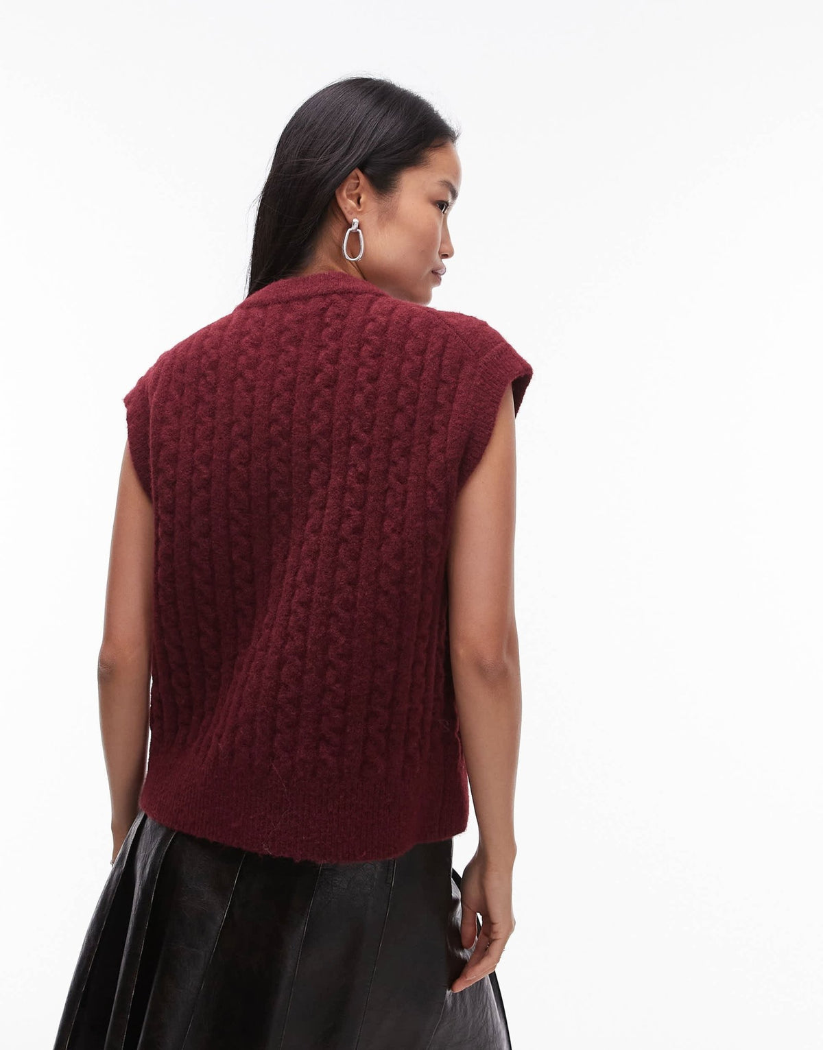 Topshop knitted cable waistcoat in burgundy - ASOS Sample Sale