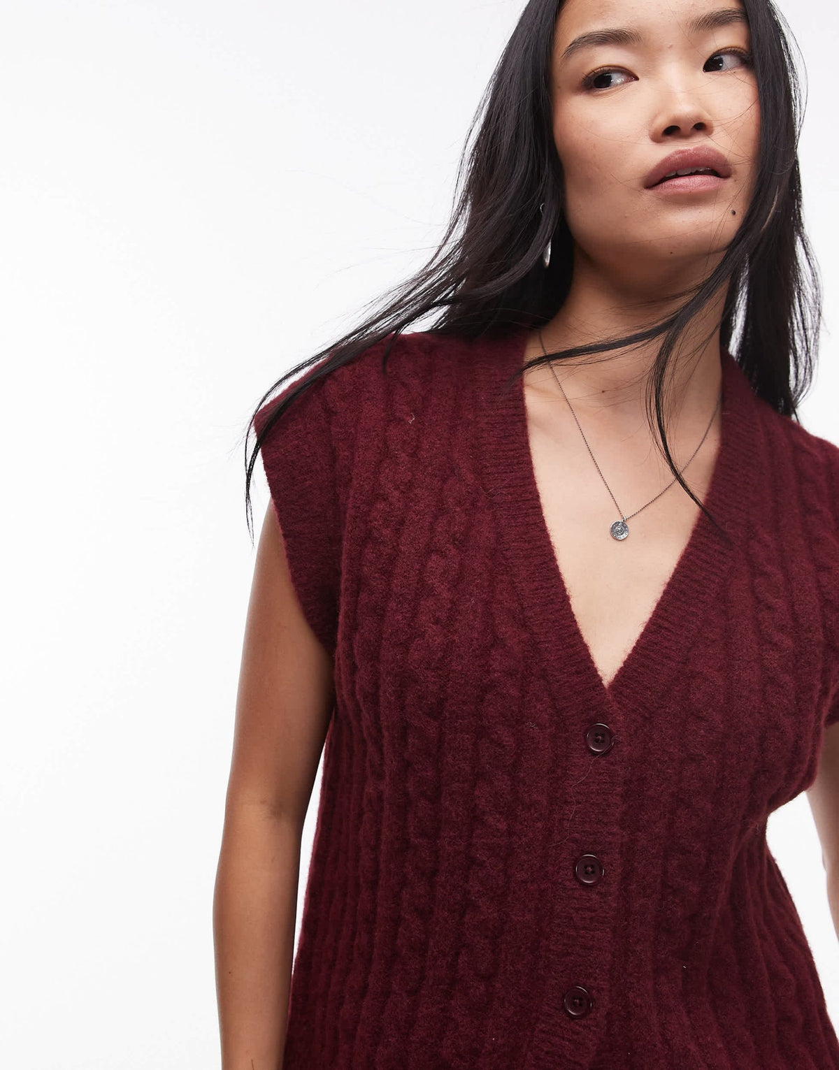 Topshop knitted cable waistcoat in burgundy - ASOS Sample Sale