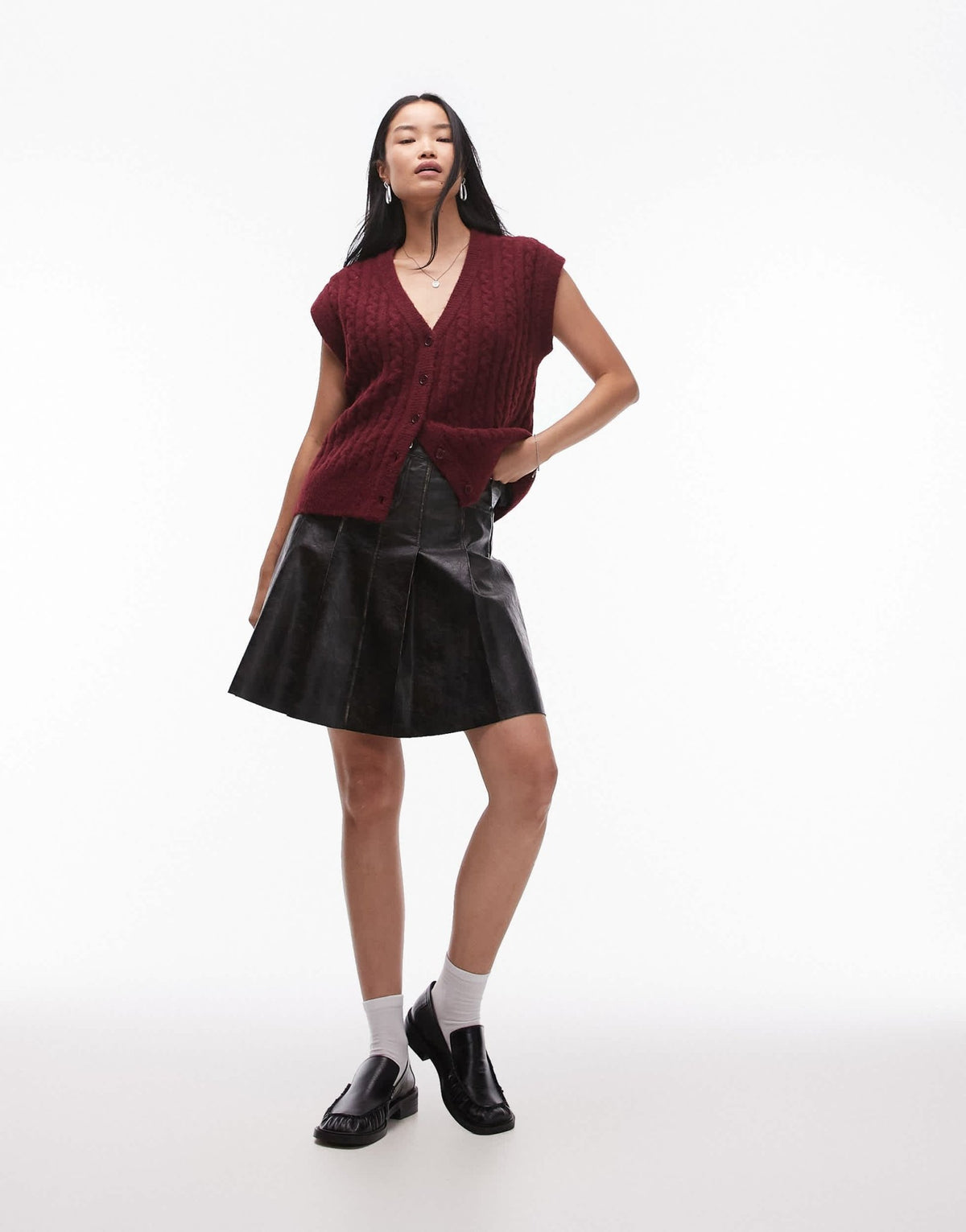Topshop knitted cable waistcoat in burgundy - ASOS Sample Sale