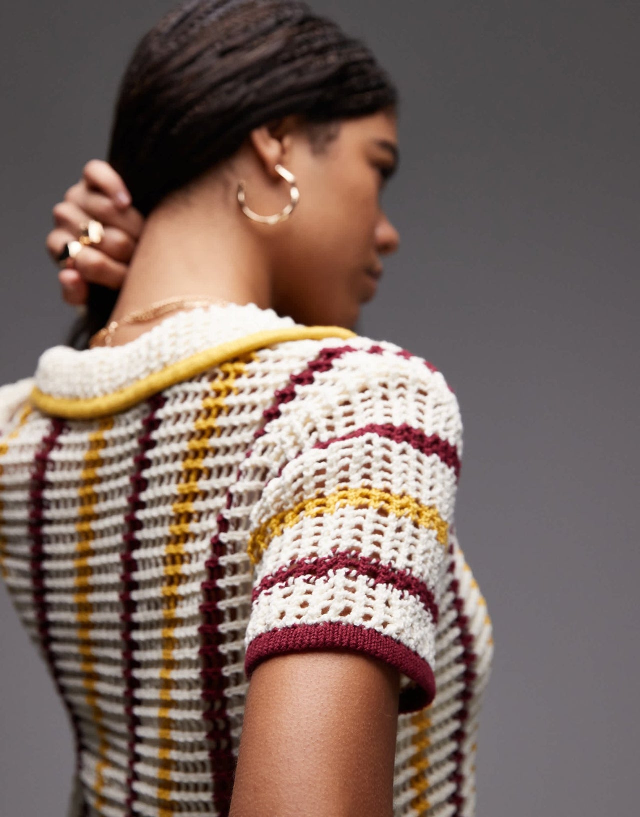 Topshop knitted co-ord open stitch stripe shirt in red, mustard and cream - ASOS Sample Sale