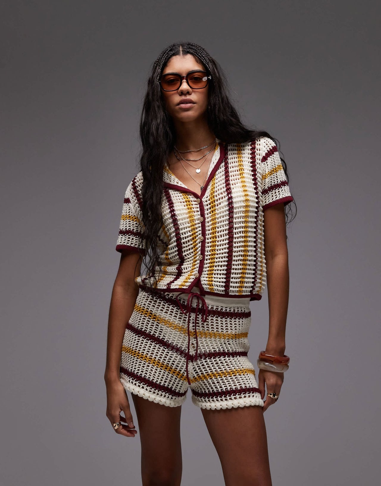 Topshop knitted co-ord open stitch stripe shirt in red, mustard and cream - ASOS Sample Sale