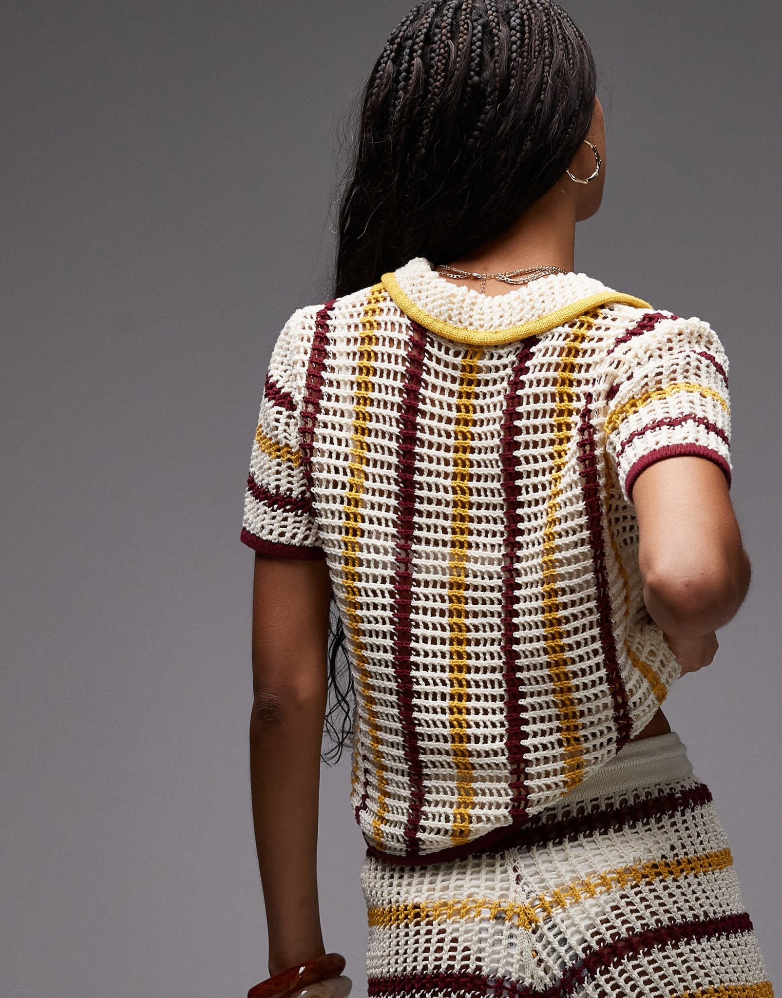 Topshop knitted co-ord open stitch stripe shirt in red, mustard and cream - ASOS Sample Sale
