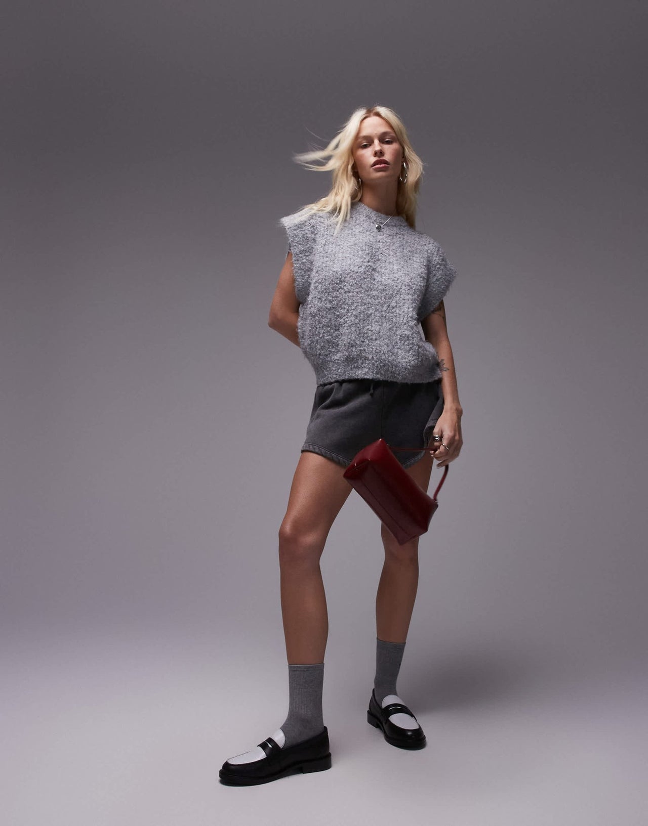 Topshop knitted crew boucle rib off shoulder relaxed vest in mid grey - ASOS Sample Sale