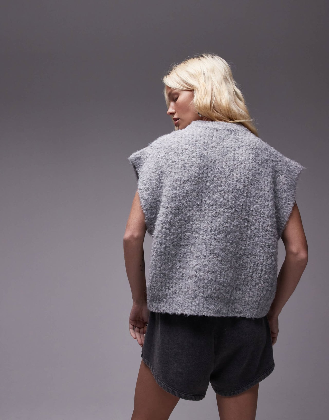 Topshop knitted crew boucle rib off shoulder relaxed vest in mid grey - ASOS Sample Sale