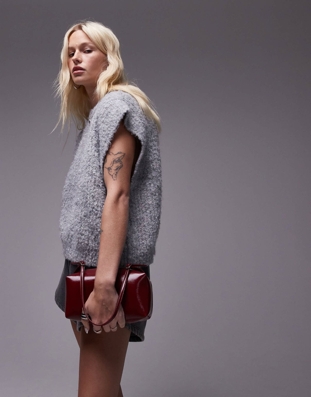 Topshop knitted crew boucle rib off shoulder relaxed vest in mid grey - ASOS Sample Sale